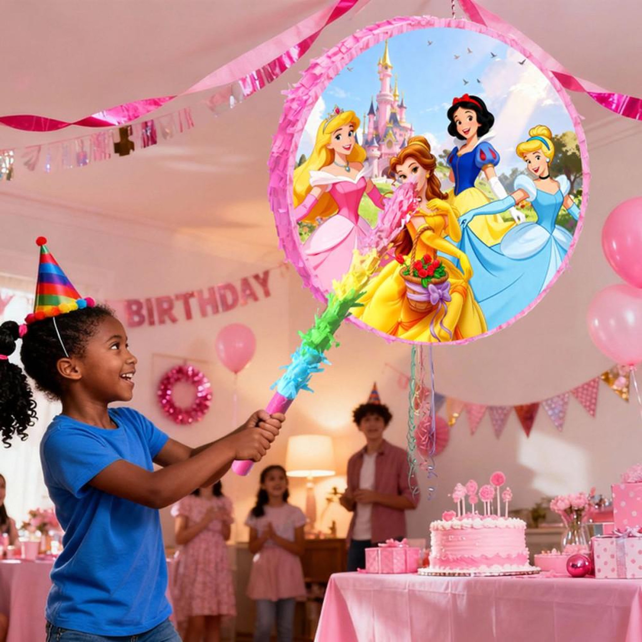 Voir la diapositive 4 : Piñata princesse ronde multicolore avec masque pour les yeux, bâton, confettis et anneau de suspension