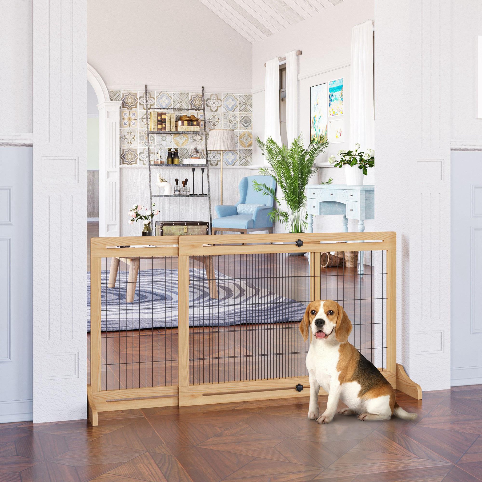 Voir la diapositive 2 : PAWHUT Barrière de sécurité chien barrière autoportante longueur réglable dim. 104-183l x 36l x 69h cm bois pin verni acier noir