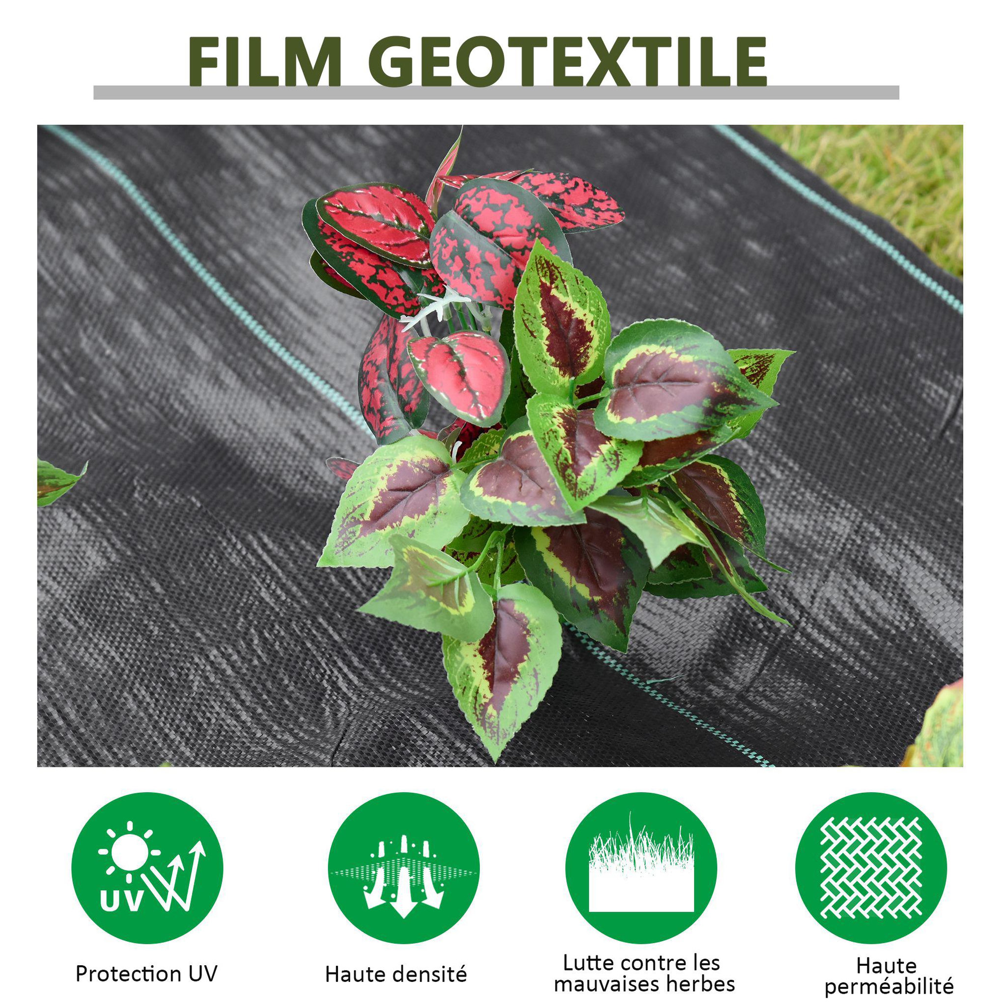 Voir la diapositive 4 : OUTSUNNY Toile de paillage - toile anti mauvaises herbes 130 g/m² - indéchirable perméable à l'eau anti UV - PP noir vert