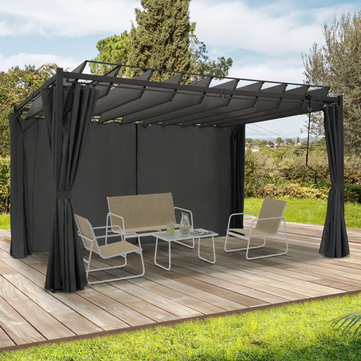ID MARKET Pergola édition suprem lames orientables 3x4 M et 4 rideaux gris anthracite