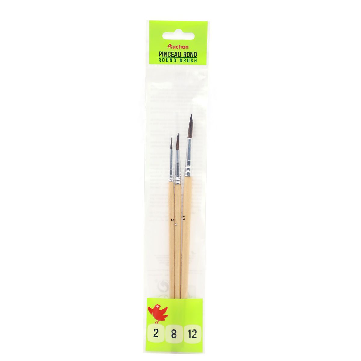 AUCHAN Lot de 3 pinceaux aquarelle N°2/8/12