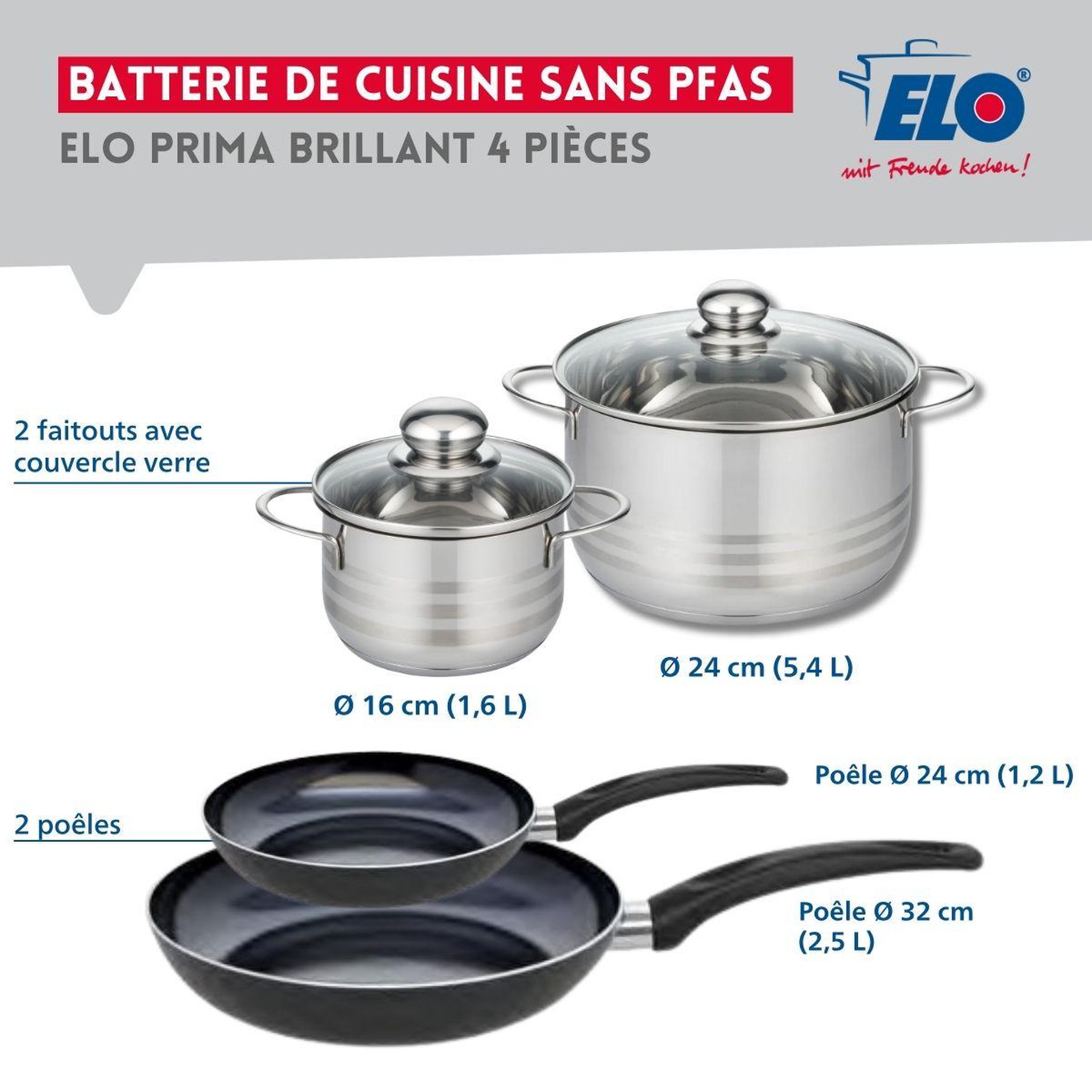 Voir la diapositive 2 : ELO Ensemble de 2 poêles de cuisson 24 et 32 cm et 2 faitouts 16 et 24 cm elo prima brillant