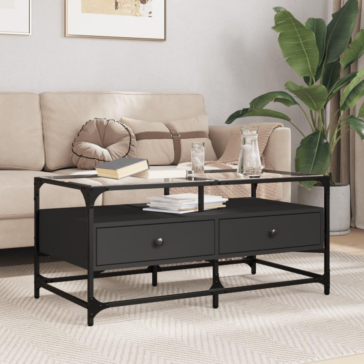 VIDAXL Table basse avec dessus en verre noir 98,5x50x45 cm acier