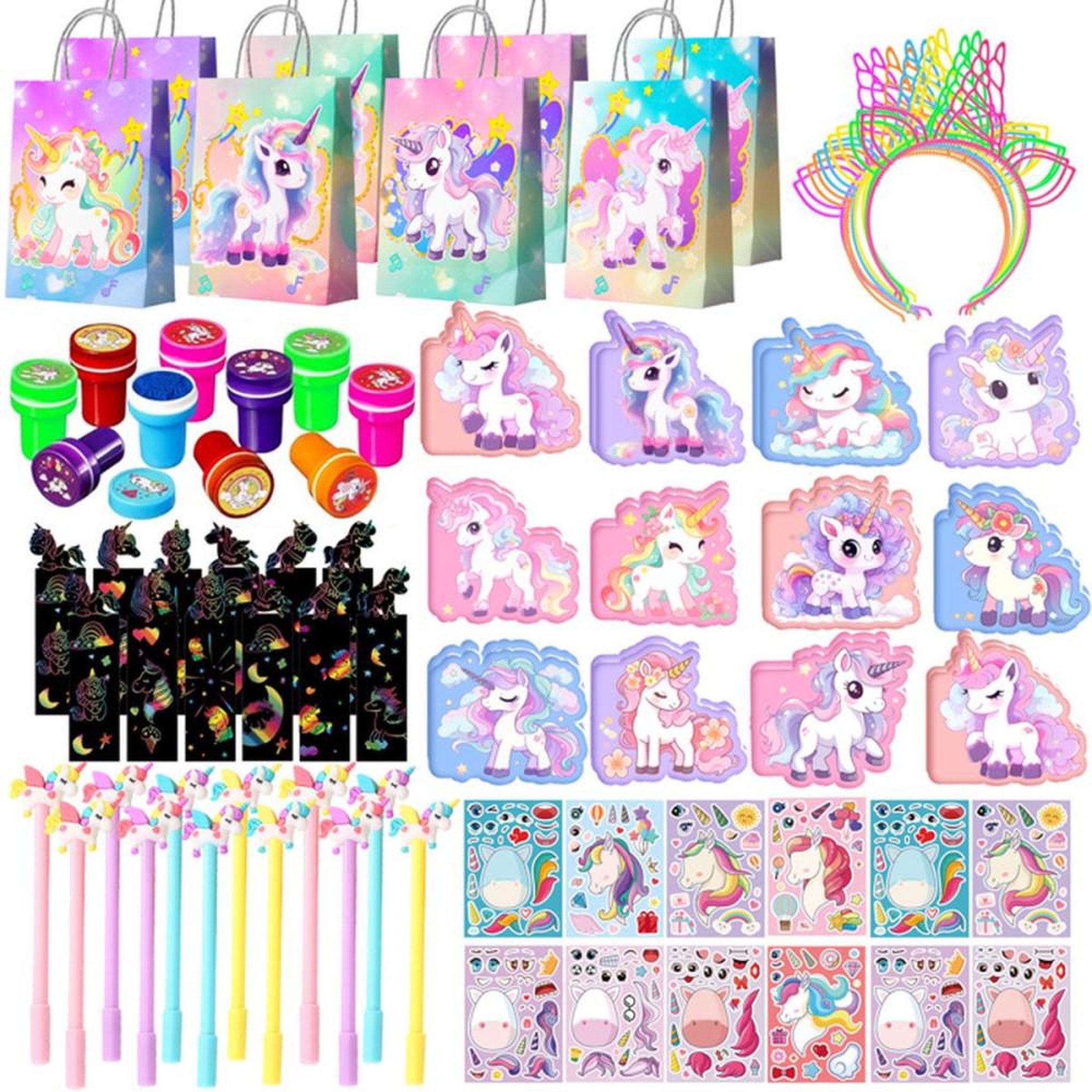 Kit de remplissage sac cadeau licorne multicolore, set 108 pièces pour enfants