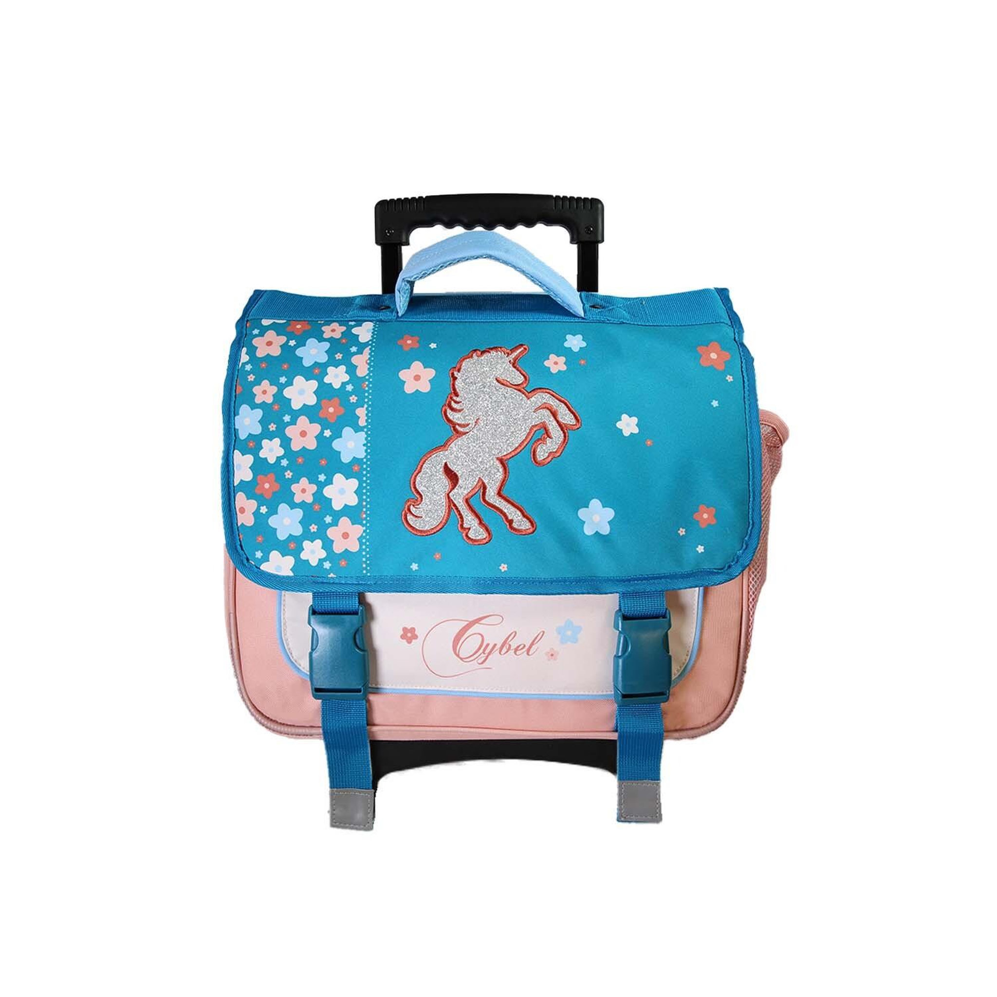 Bagtrotter Cybel - Cartable Scolaire à Roulettes 38 cm primaire - Licorne - Bleu/Rose - Fille - 2 Compartiments