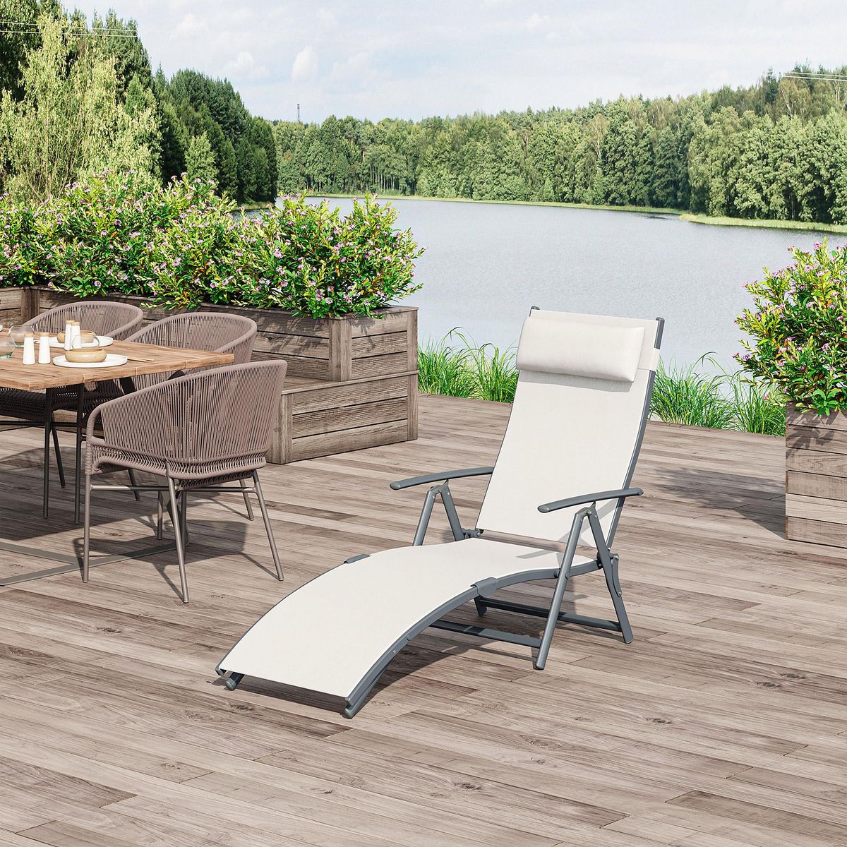 OUTSUNNY Outsunny transat chaise longue bain de soleil pliable dossier inclinable multi-positions têtière fournie 137L x 64l x 101H cm métal époxy textilène beige
