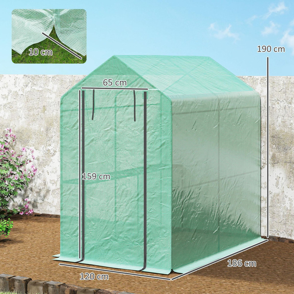 OUTSUNNY Serre de jardin 2 tablettes dim. 1,86L x 1,2l x 1,9H m porte déroulante acier PE haute densité 140 g/m² vert