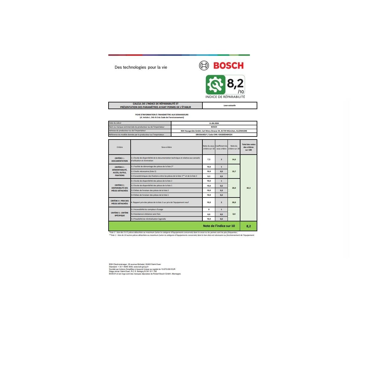 BOSCH Lave-vaisselle 60cm 12 couverts 48db tout intégrable - SBV26AX01F