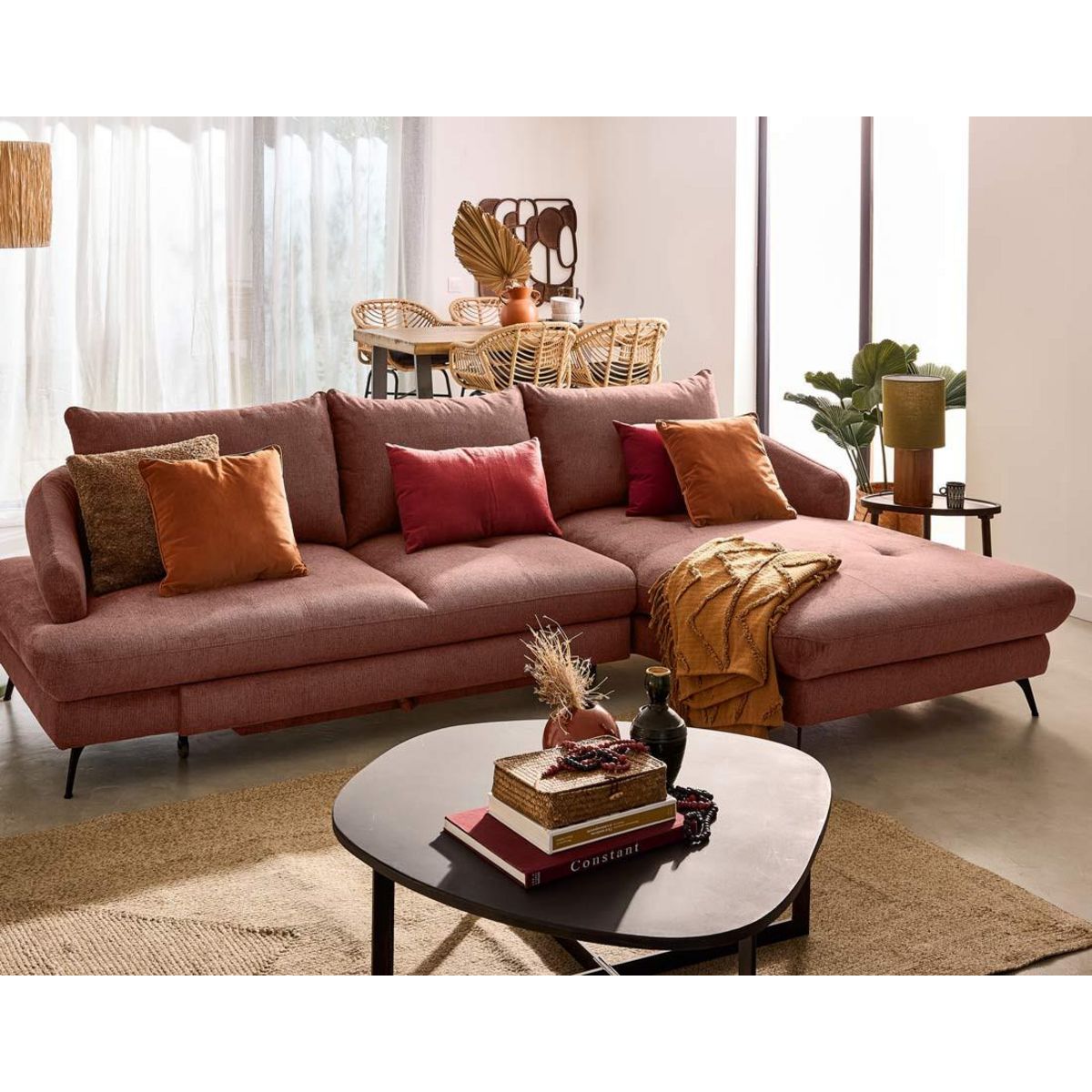 LISA DESIGN Ninon - canapé d'angle droit 4 places convertible avec coffre en tissu texturé