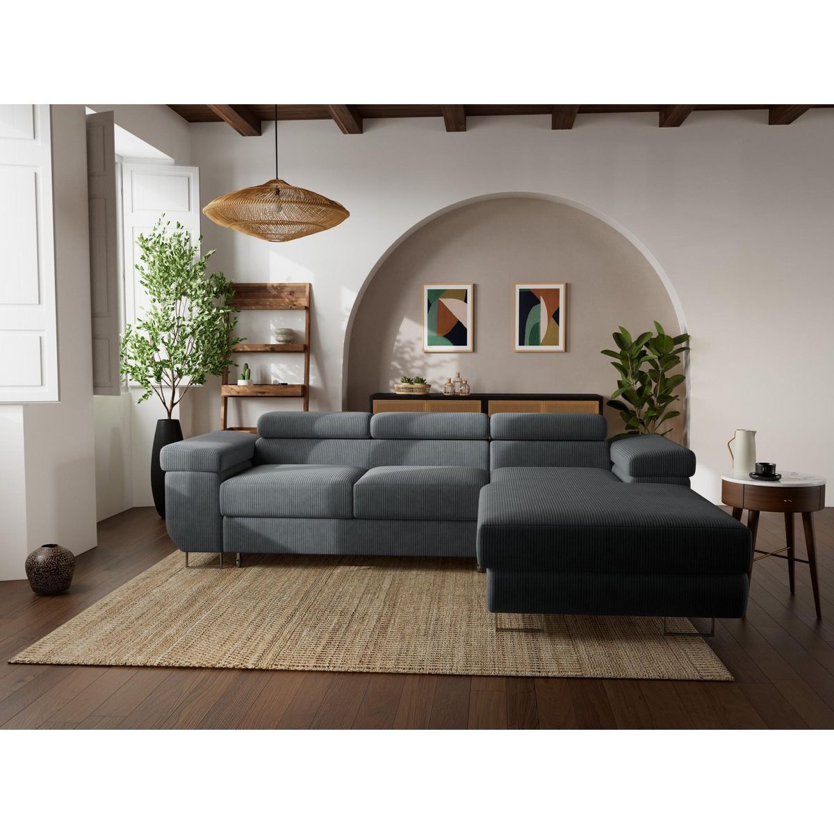 BEST MOBILIER Pablo - canapé d'angle droit - 6 places - convertible avec coffre et têtières réglables - en velours côtelé