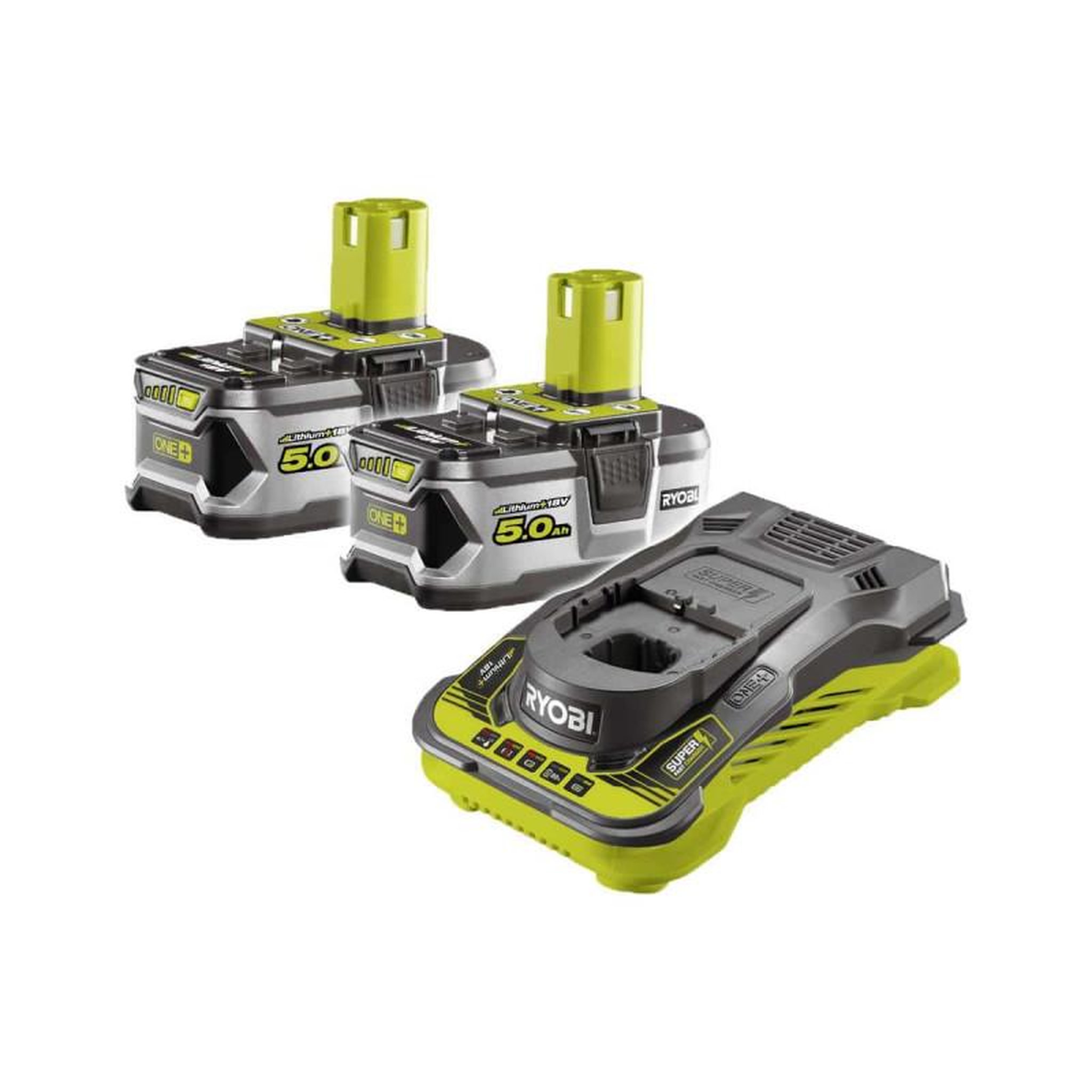 Ryobi Pack 2 batteries ryobi 18v one+ 5.0 ah lithiumplus - 1 chargeur ultra rapide 5.0 ah rc18150-250
