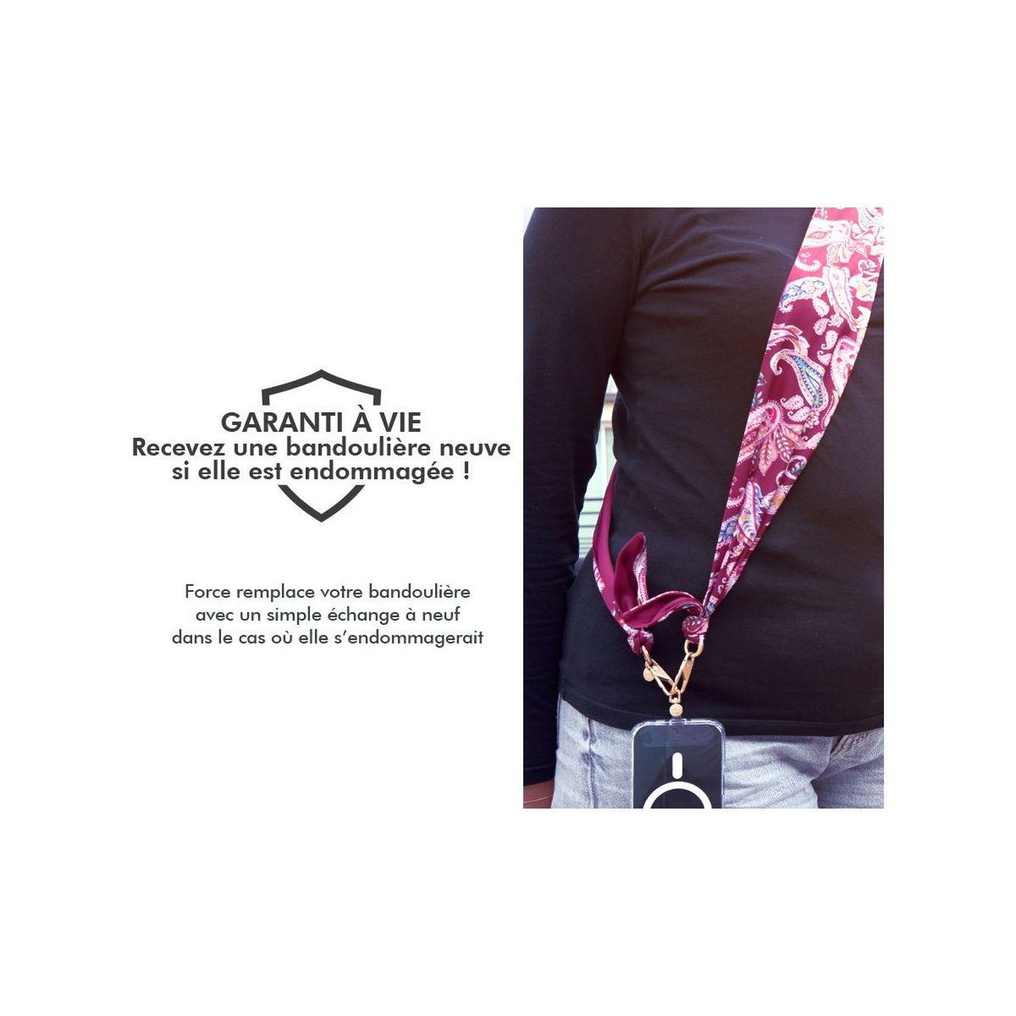 Voir la diapositive 4 : FORCE CASE Cordon téléphone bandoulière bandana bordeaux