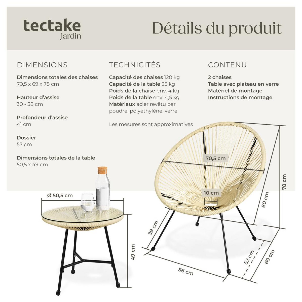 tectake Ensemble de 2 chaises de jardin avec table design rétro dans le style Acapulco beige