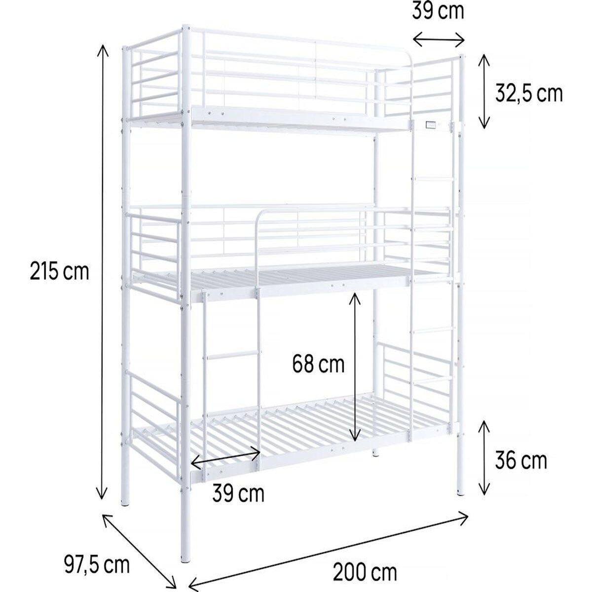 Habitat et Jardin Lit triple superposé metal  Havin  - 90 x 190 cm - Blanc