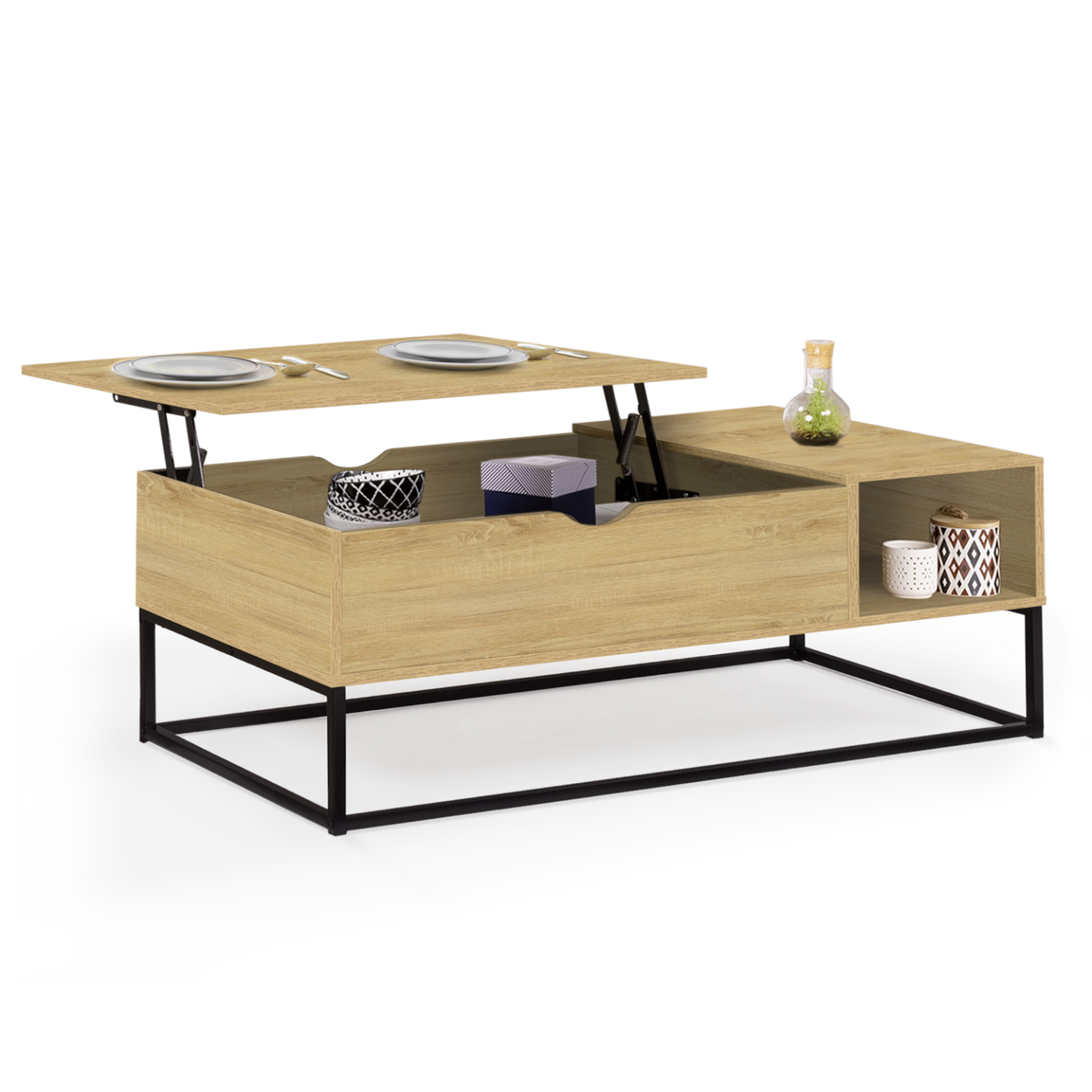 ID MARKET Table basse plateau relevable rectangulaire detroit avec rangements design industriel