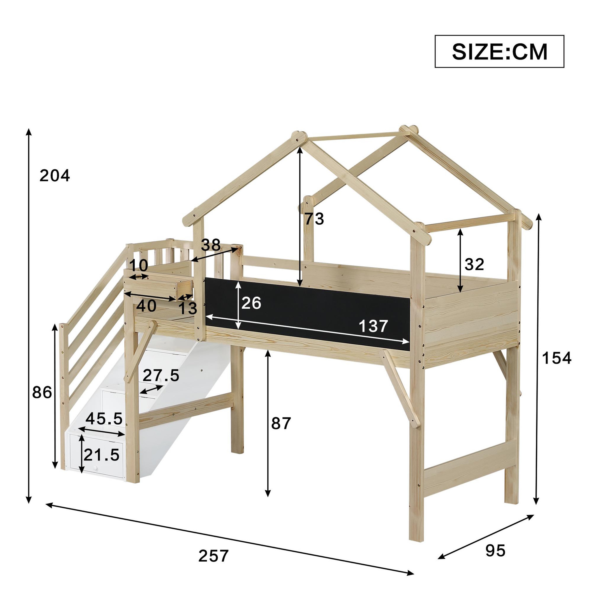 Voir la diapositive 3 : MERAX Lit enfant mi hauteur 90x200cm pin coloris blanc+naturel