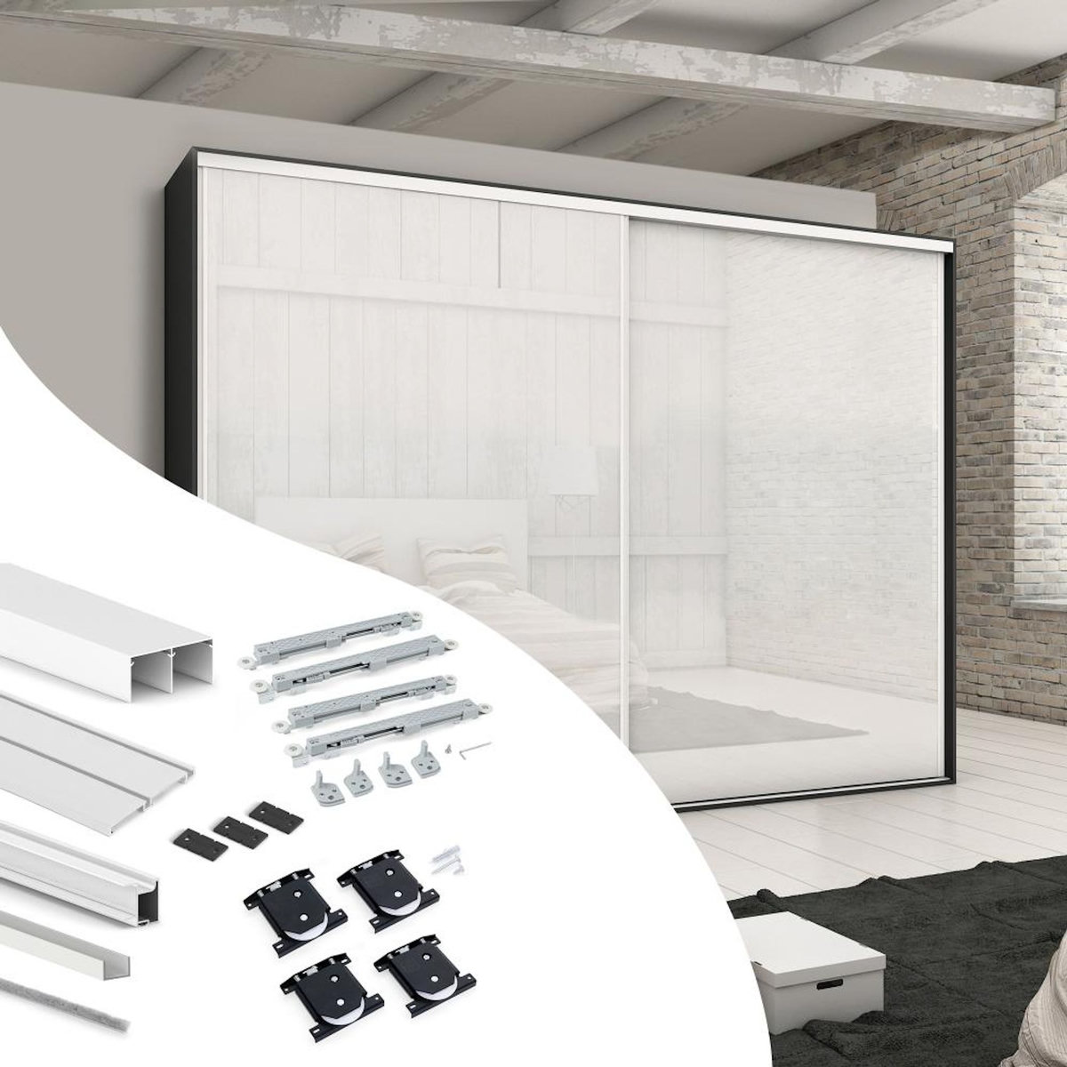 EMUCA SRL Kit de quincaillerie pour armoire à 2 portes coulissantes avec fermeture souple Placard 74 -  Modèle de poignée Sharp -  épaisseur 19mm -  panneaux non inclus -  Peint en blanc