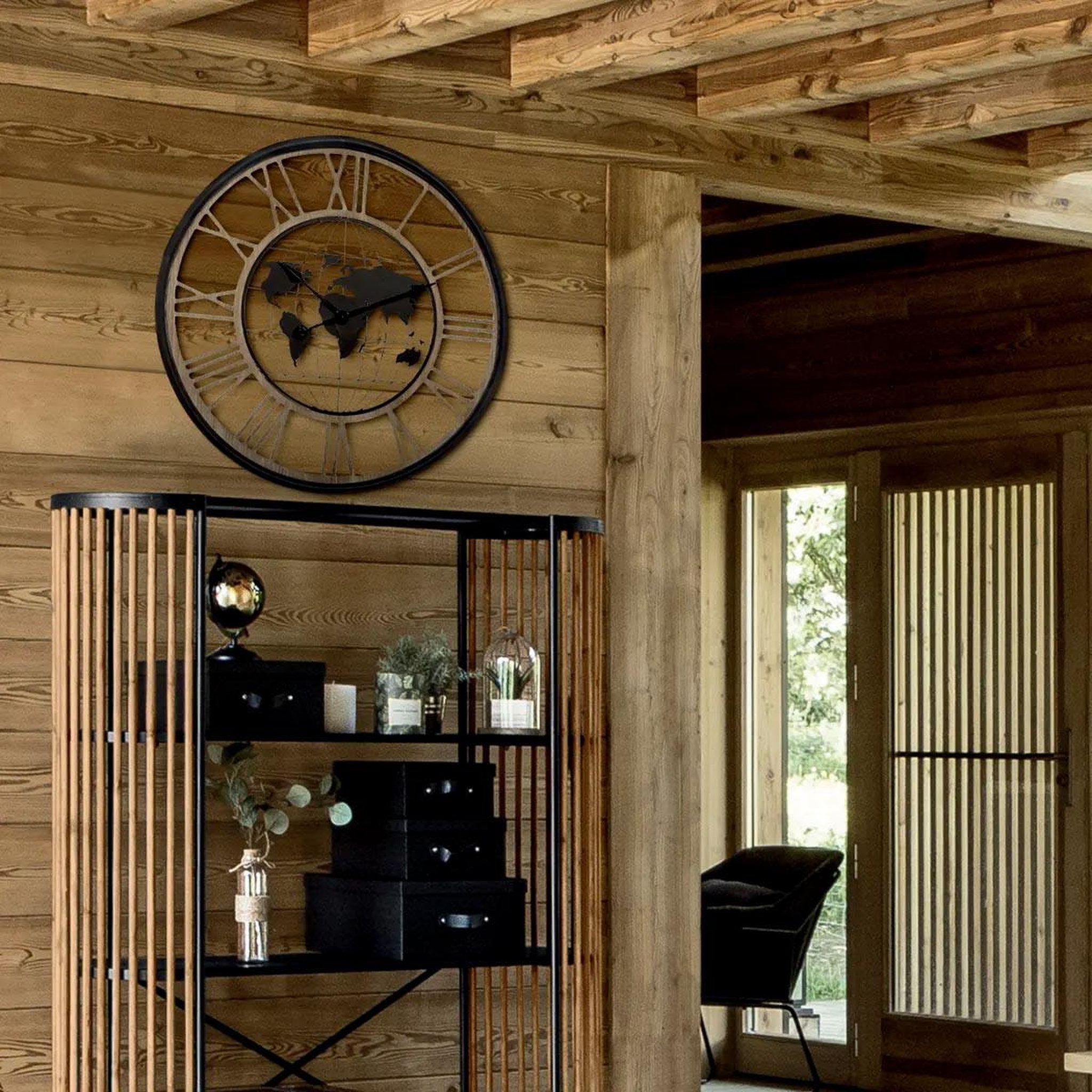 Voir la diapositive 5 : ATMOSPHERA Pendule ronde en métal  monde  67cm naturel