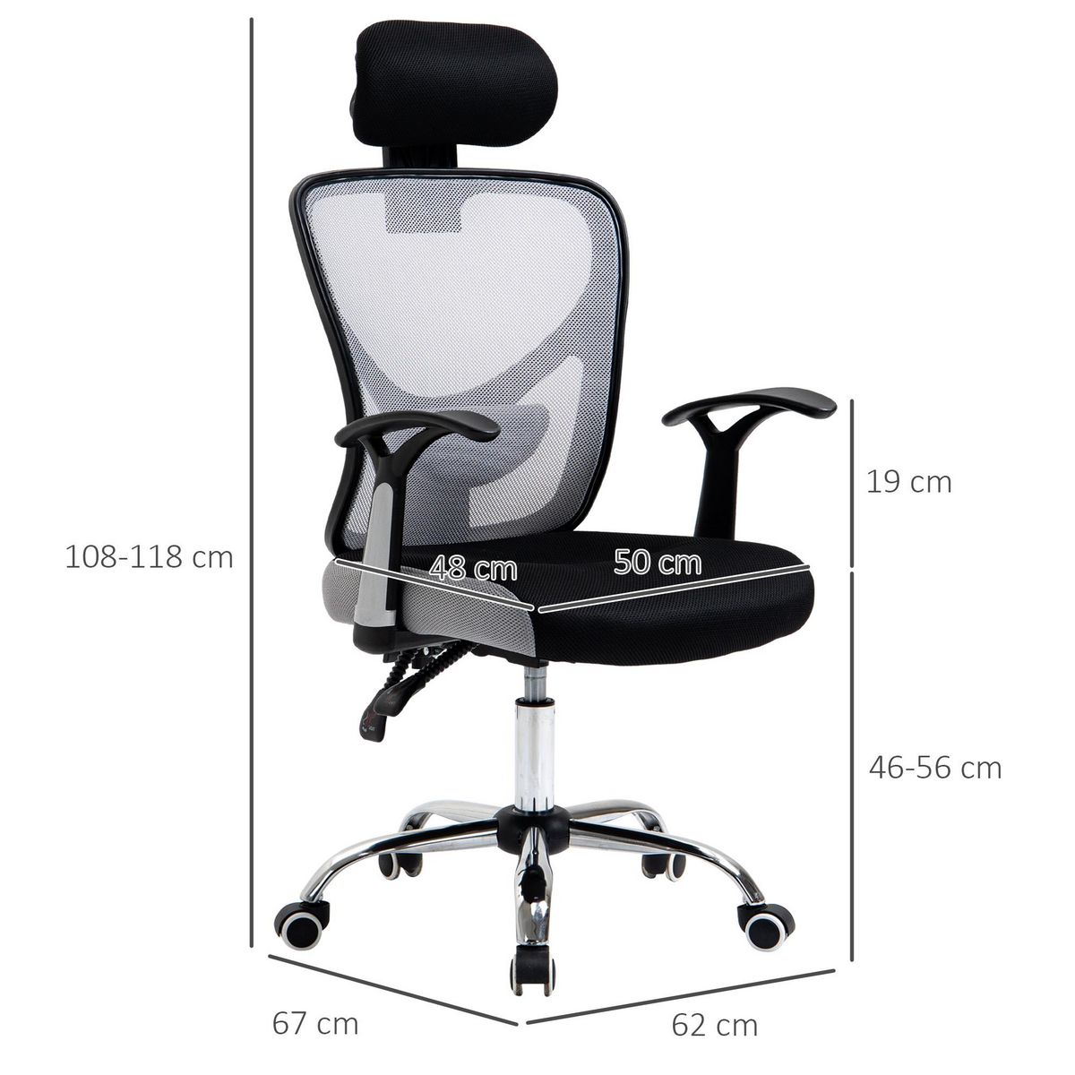 VINSETTO Vinsetto Chaise de bureau manager grand confort réglable dossier inclinable piètement chromé tissu maille polyester gris noir