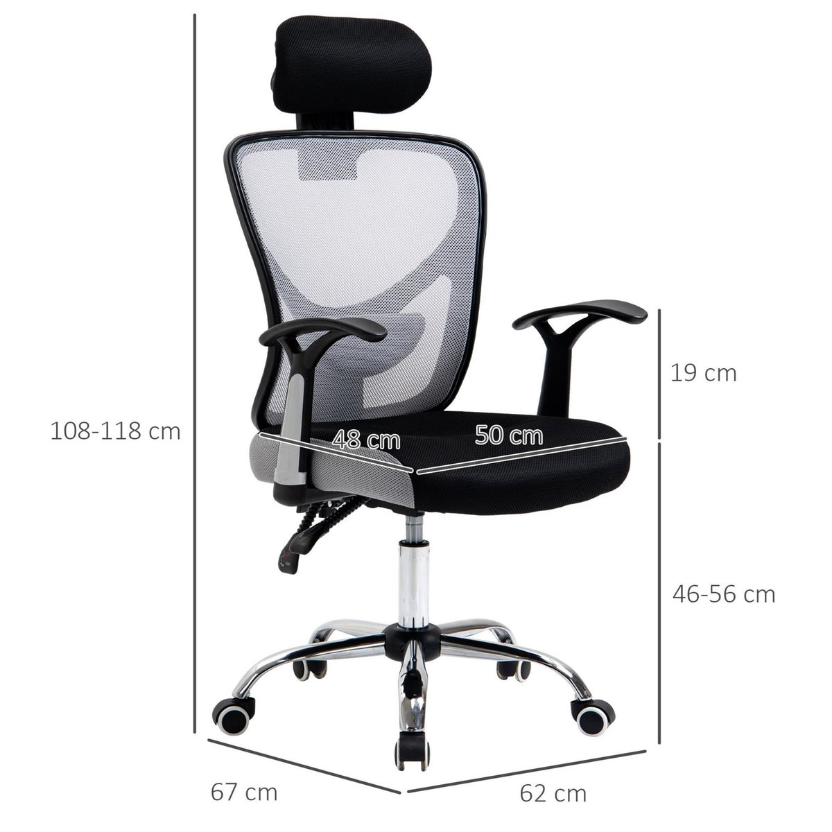 VINSETTO Vinsetto Chaise de bureau manager grand confort réglable dossier inclinable piètement chromé tissu maille polyester gris noir