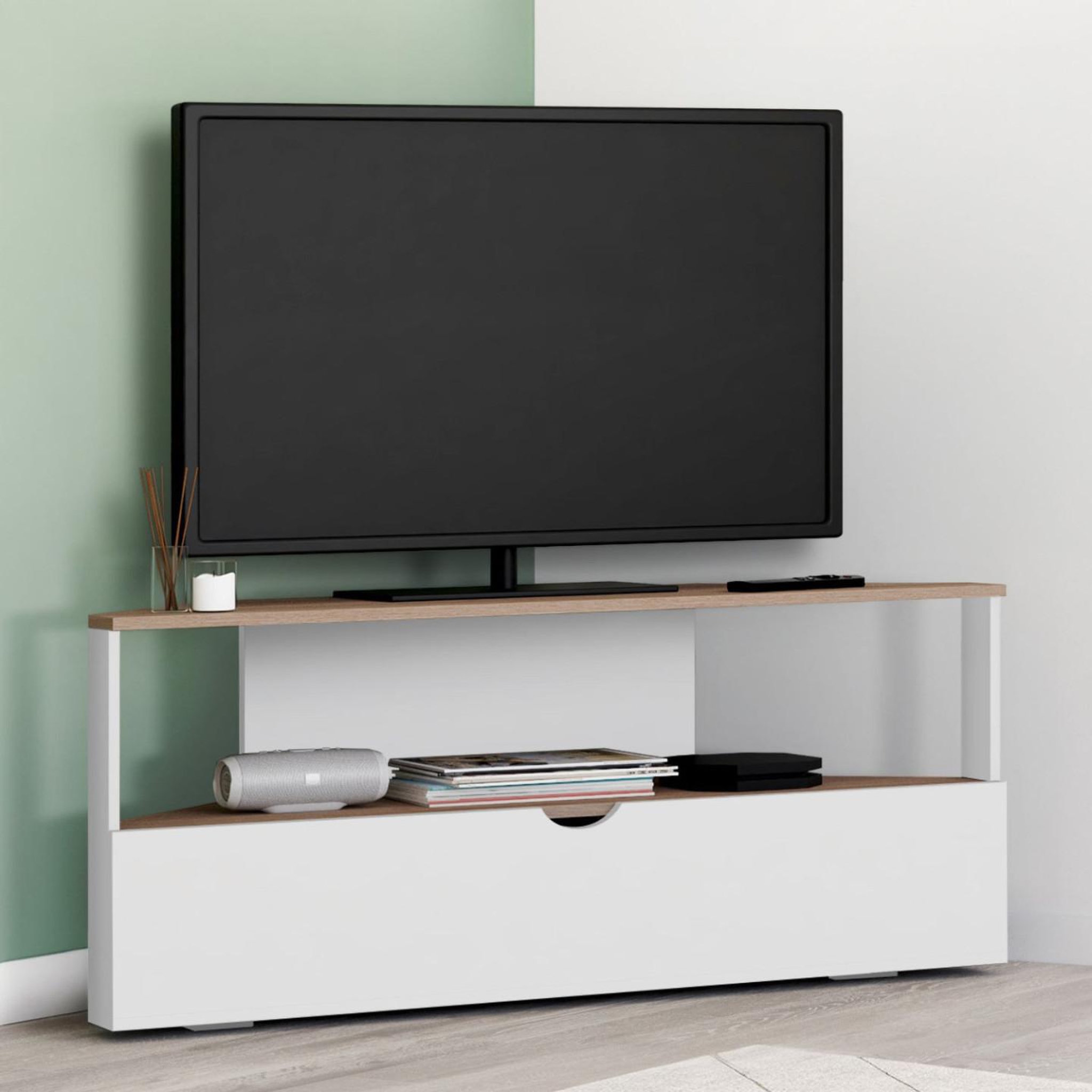 Voir la diapositive 2 : ID MARKET Meuble tv 100 cm d'angle eli bois façon hêtre et blanc