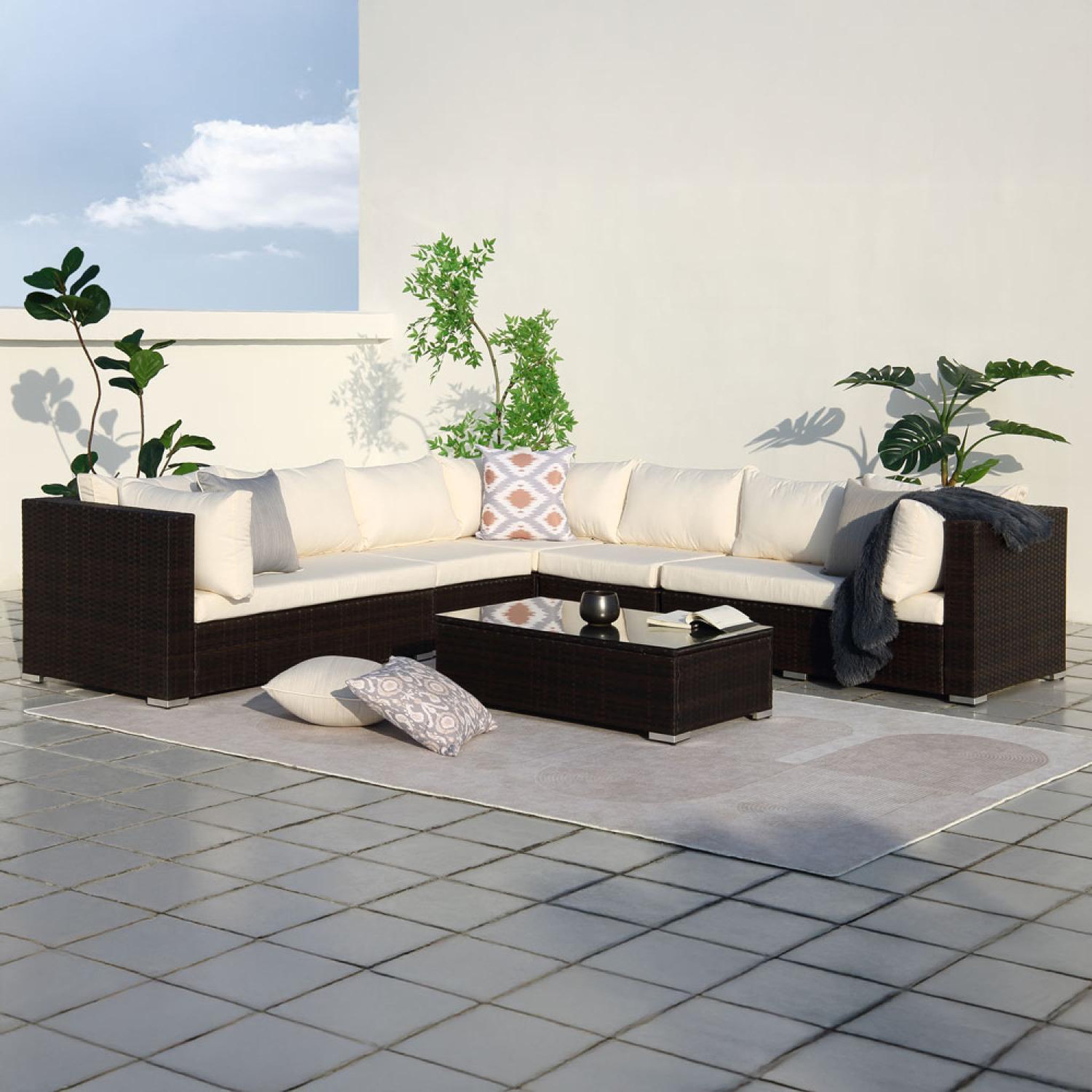 Voir la diapositive 4 : CONCEPT USINE Salon de jardin panoramique 8 places en résine tressée marron et blanc salento
