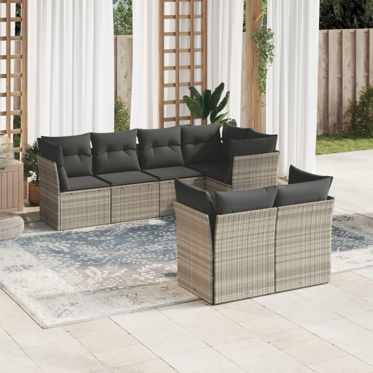VIDAXL Salon de jardin avec coussins 7 pcs gris clair resine tressee
