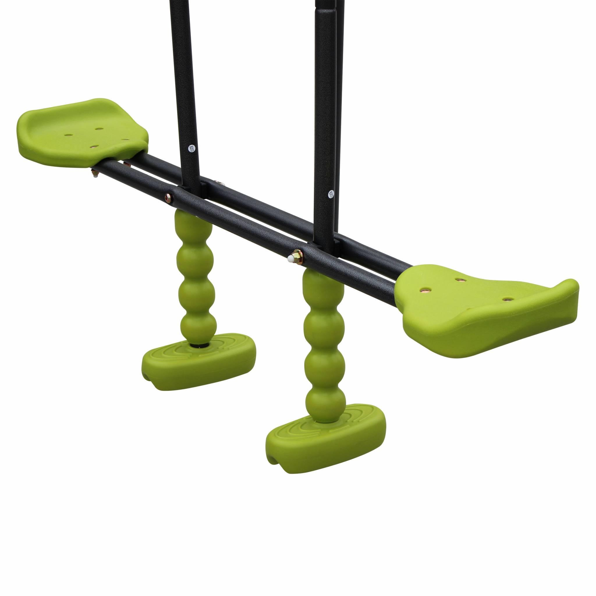 Voir la diapositive 4 : SWEEEK Balançoire 4 agrès Meltemi. portique 6 places avec 2 balançoires. 1 face à face et 1 nacelle. 223cm de hauteur. station de jeux extérieure