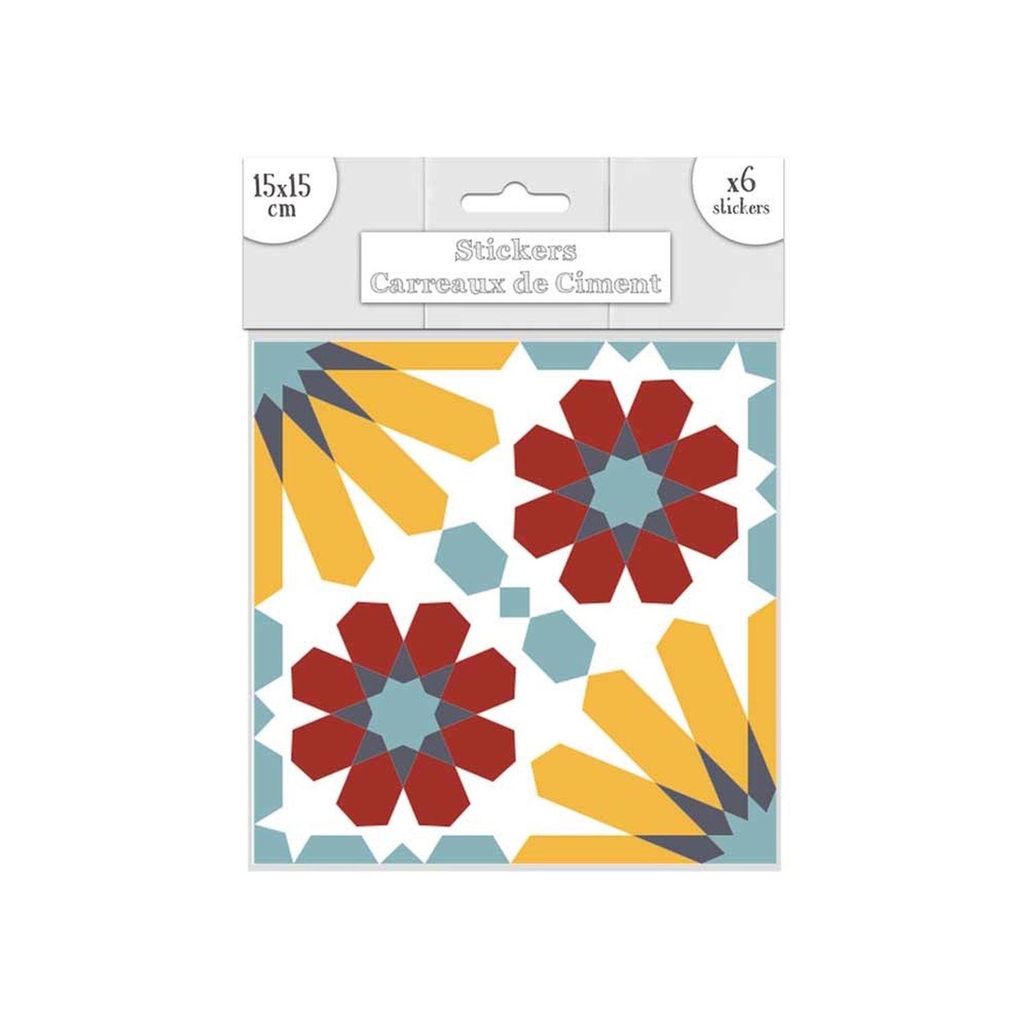 SUD TRADING 6 stickers carreaux de ciment - 15 x 15 cm - soleil bleu et orange