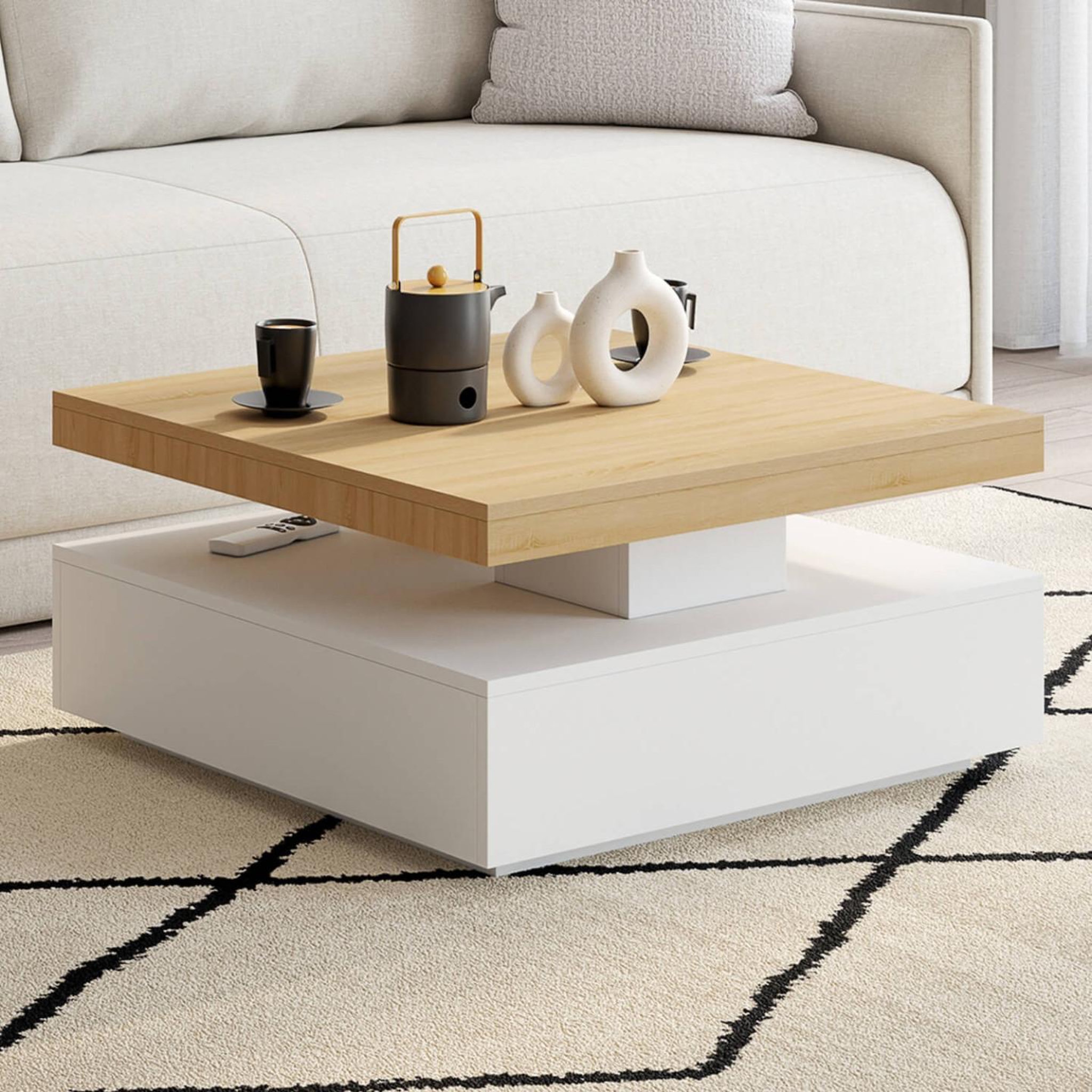 Voir la diapositive 2 : ID MARKET Table basse carrée pivotante thea 70 cm bois et blanc