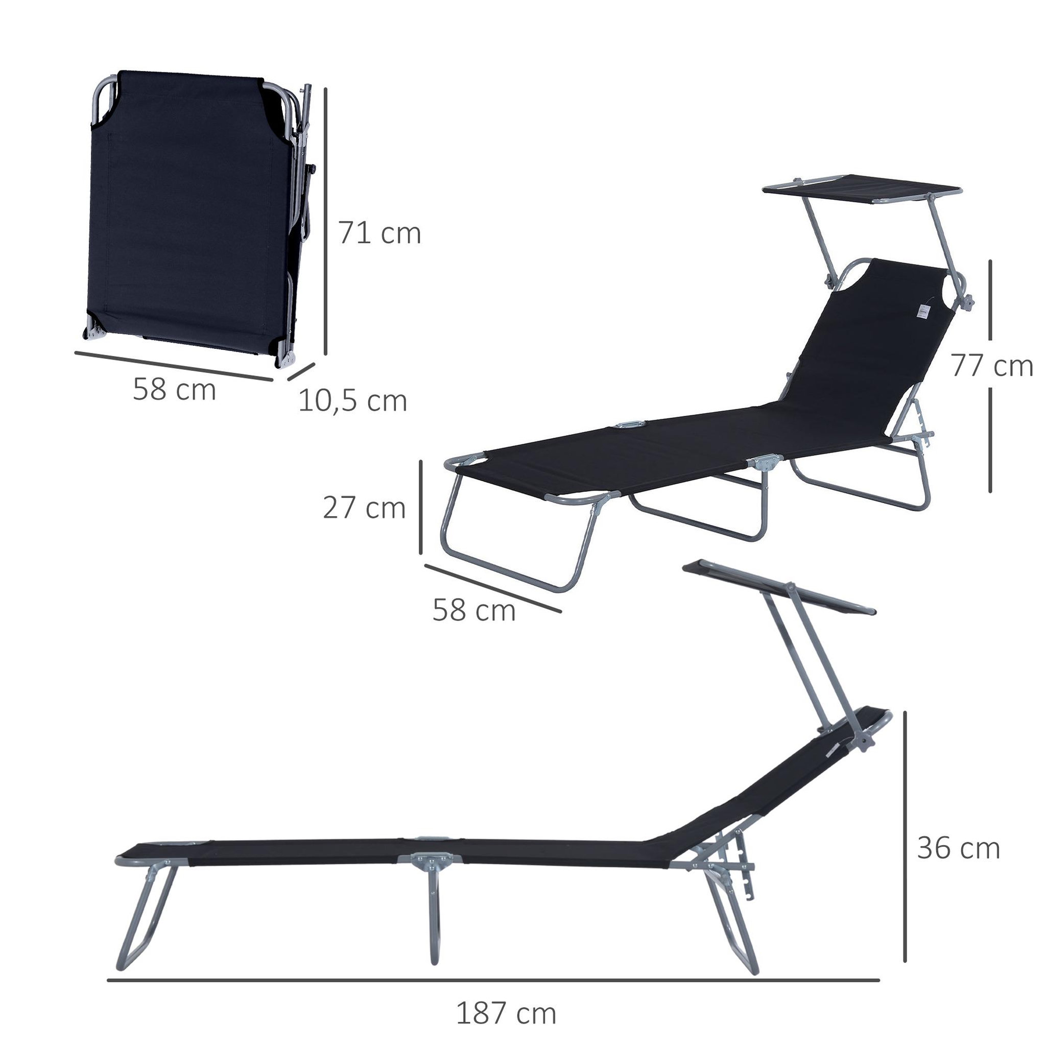 Voir la diapositive 3 : OUTSUNNY Transat bain de soleil pliable grand confort dossier et pare-soleil réglable multi-positions noir