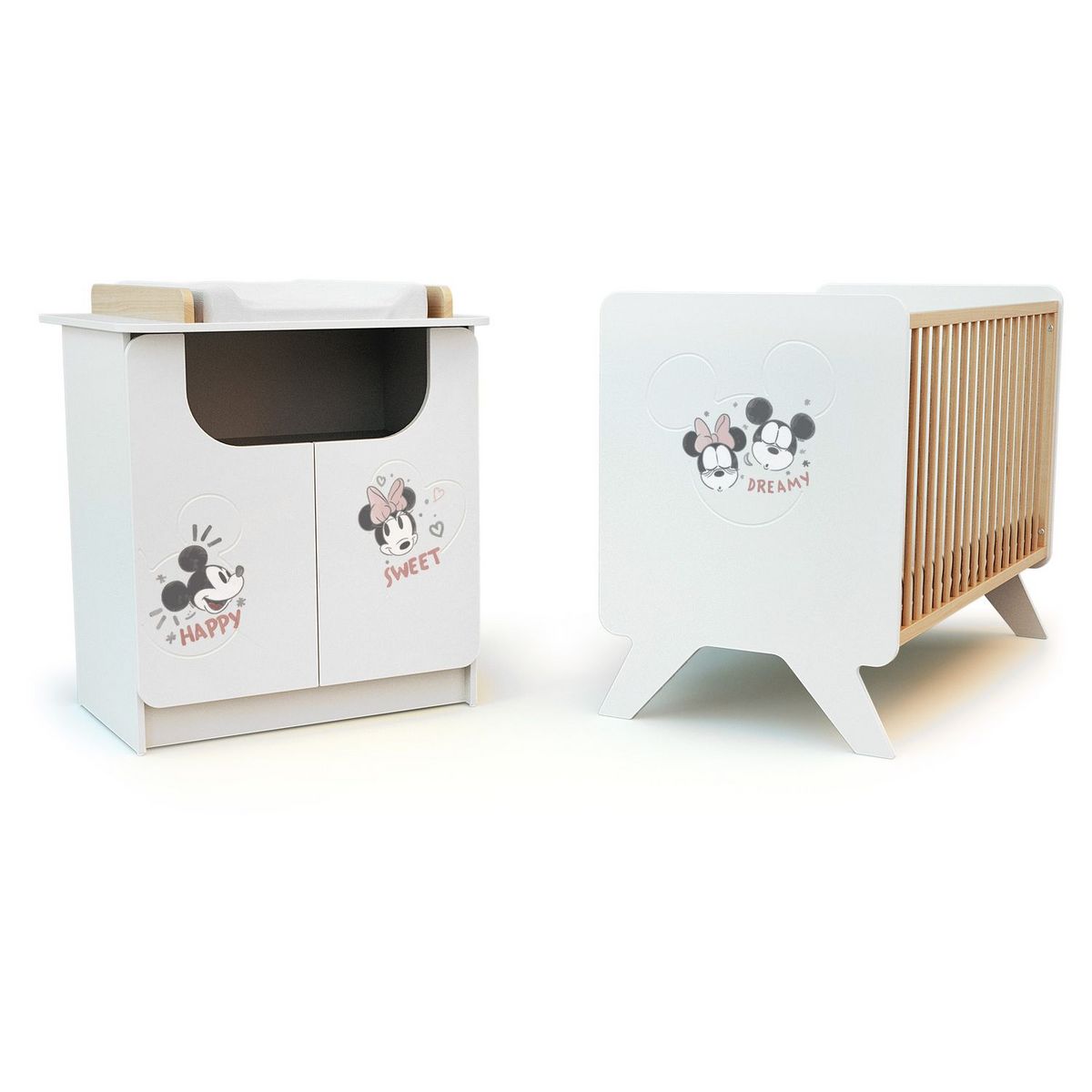 AT4 Ensemble lit bébé 60x120 cm et commode à langer 2 portes MICKEY ET MINNIE DISNEY Blanc et Hêtre
