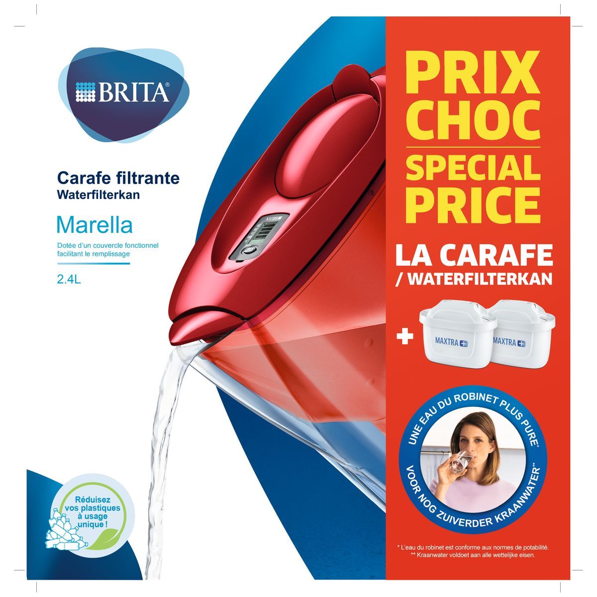 BRITA Carafe filtrante MARELLA Rouge + 2 cartouches MAXTRA+