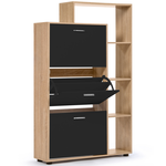 ID MARKET Meuble à chaussures 18 paires KLARK imitation hêtre 3 portes noires avec étagère