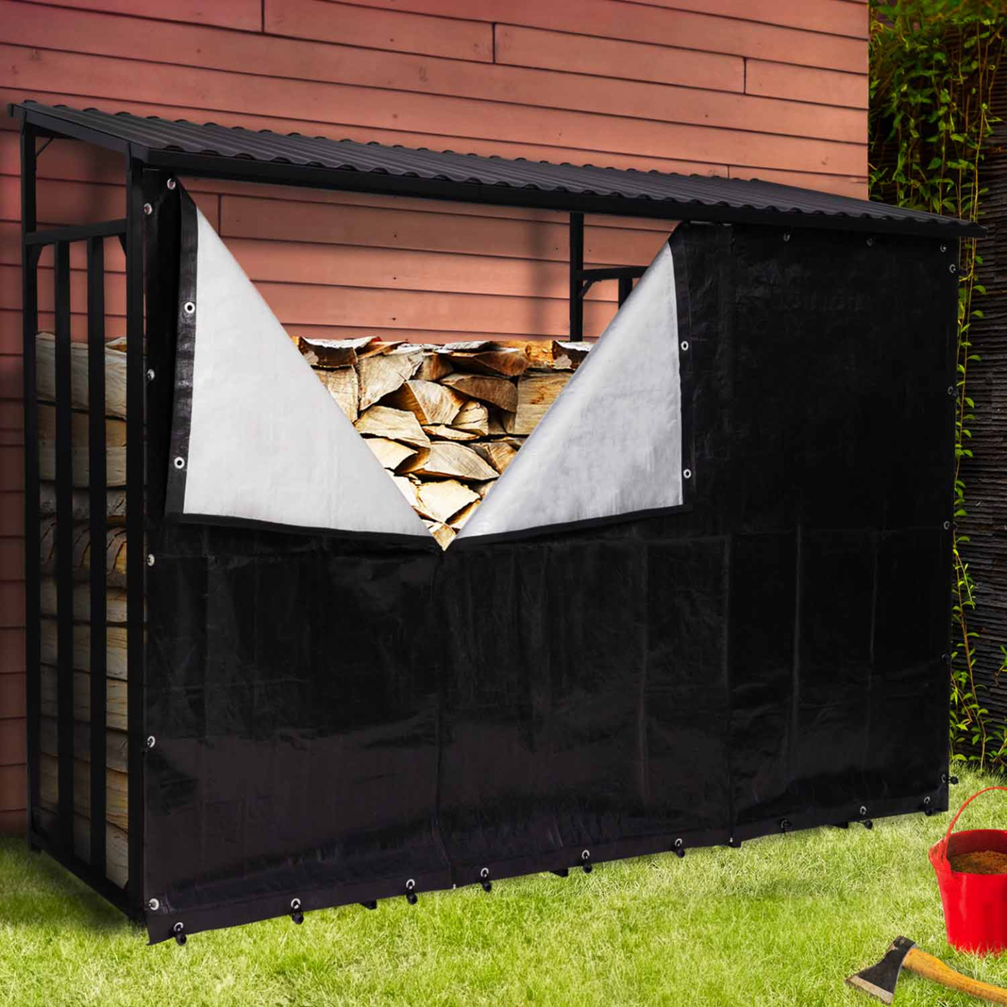 Voir la diapositive 2 : ID MARKET Abri de stockage en acier galvanisé pour bûches l. 274 cm avec housse de protection