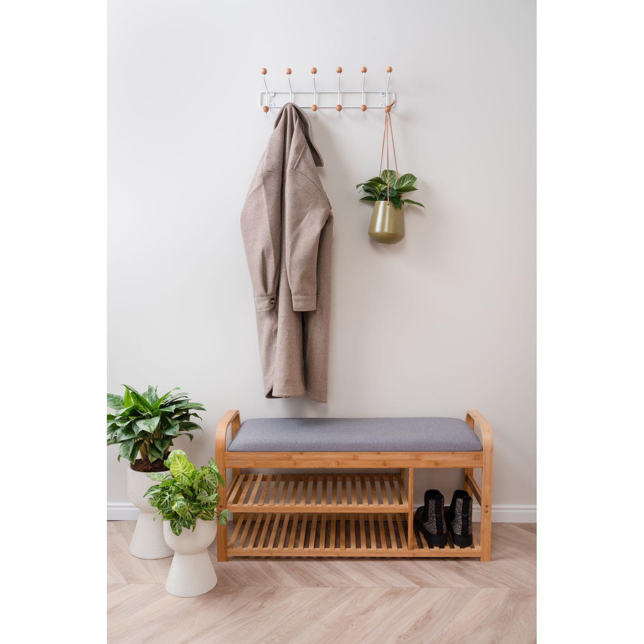Voir la diapositive 2 : Leitmotiv Banc Arch avec deux étagères en bambou et tissu - Gris