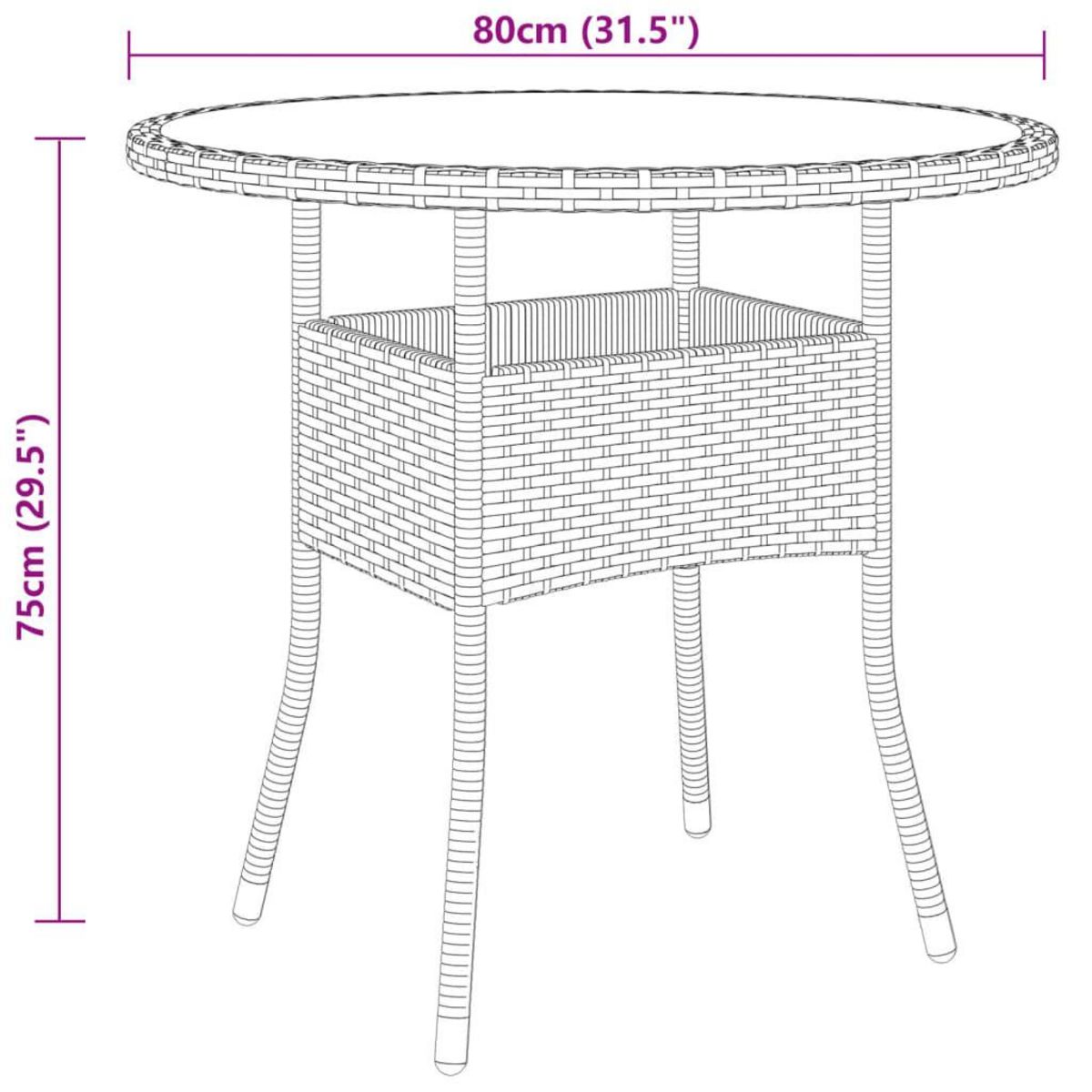 VIDAXL Table de jardin Ø80x75 cm Verre trempe/resine tressee Marron