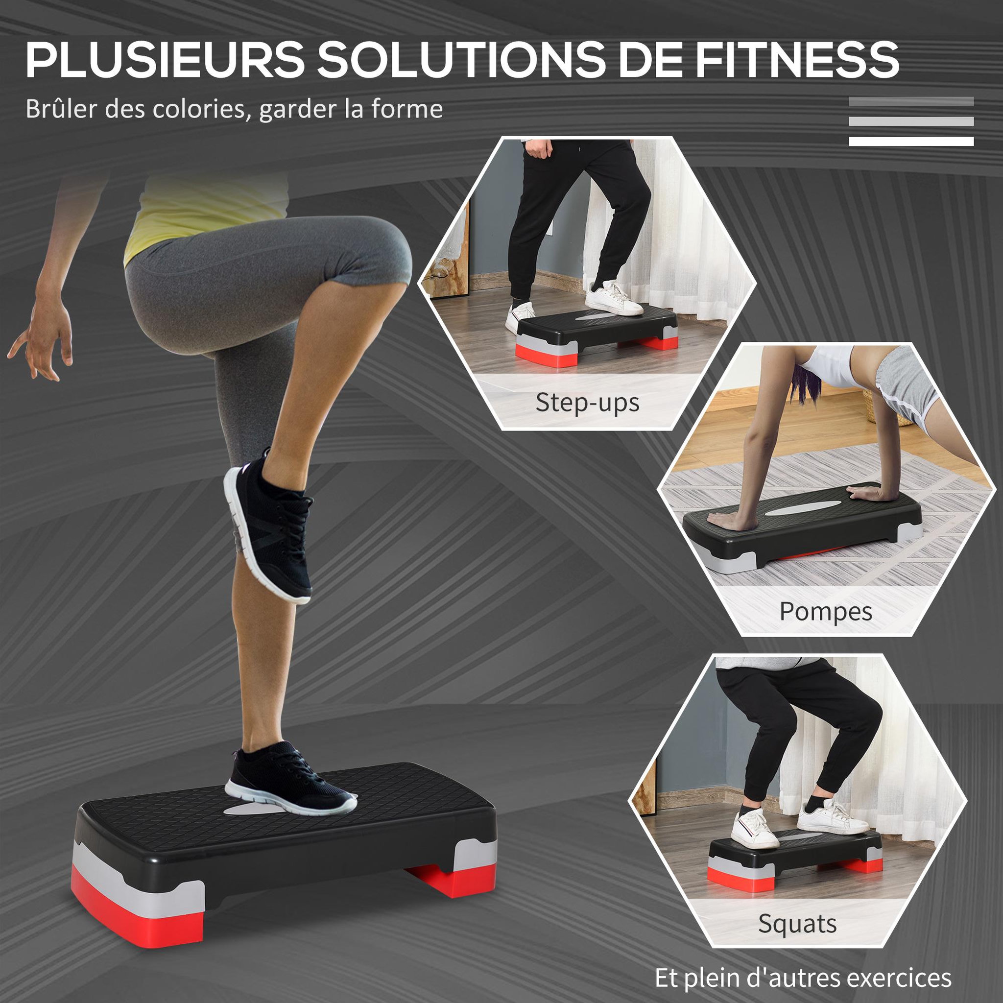 Voir la diapositive 6 : HOMCOM Stepper fitness aerobic hauteur reglable surface antiderapante dim. 68l x 29l x 10-15h cm plastique noir gris rouge