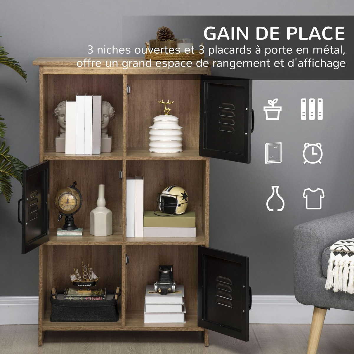 HOMCOM Bibliothèque design industriel - meuble de rangement 3 niches 3 casiers - panneaux particules aspect bois veinage portes métal noir