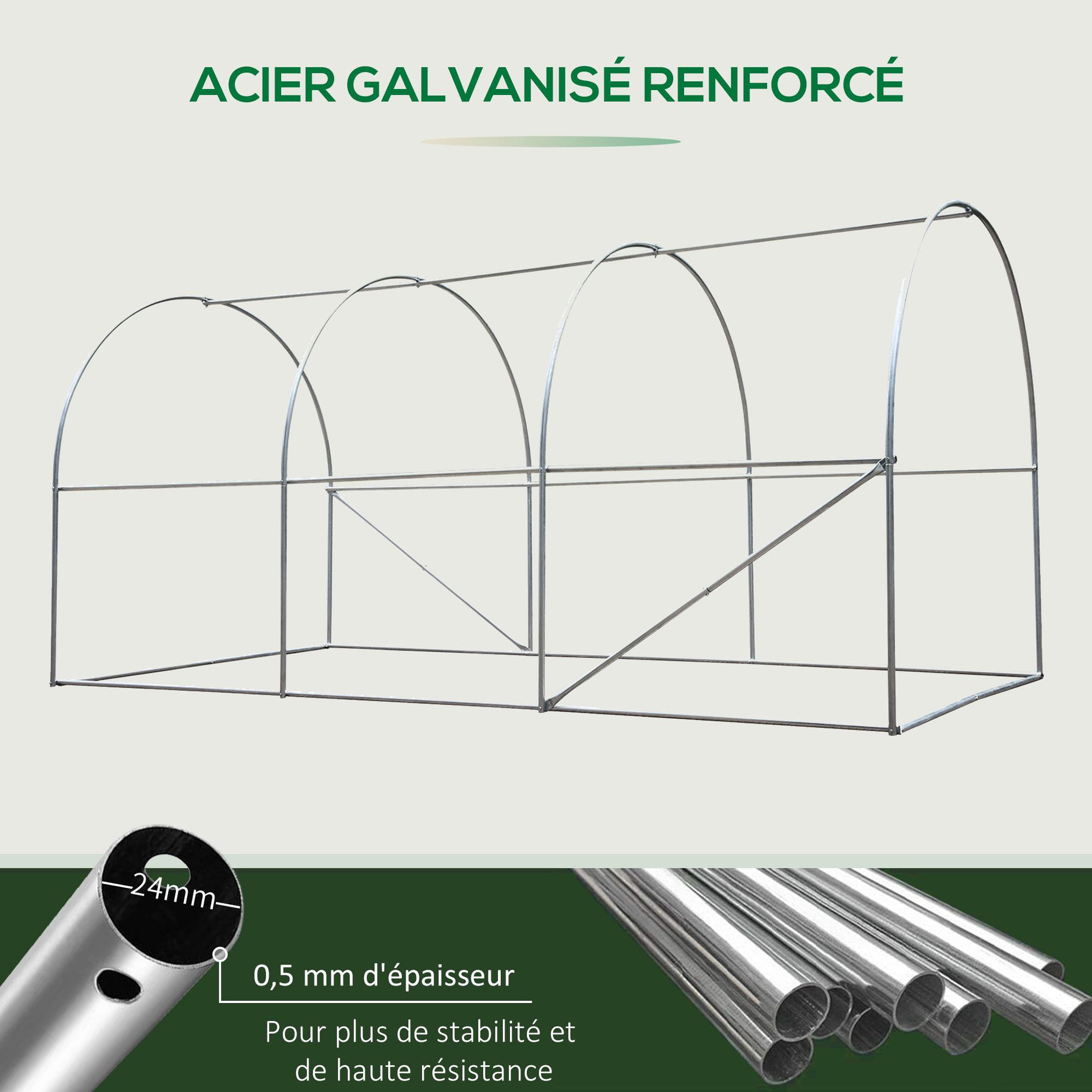 Voir la diapositive 6 : OUTSUNNY Serre de jardin tunnel 8 m² 4l x 2l x 1,9h m acier galvanisé renforcé diamètre 2,4 cm + pe haute densité fenêtres porte vert