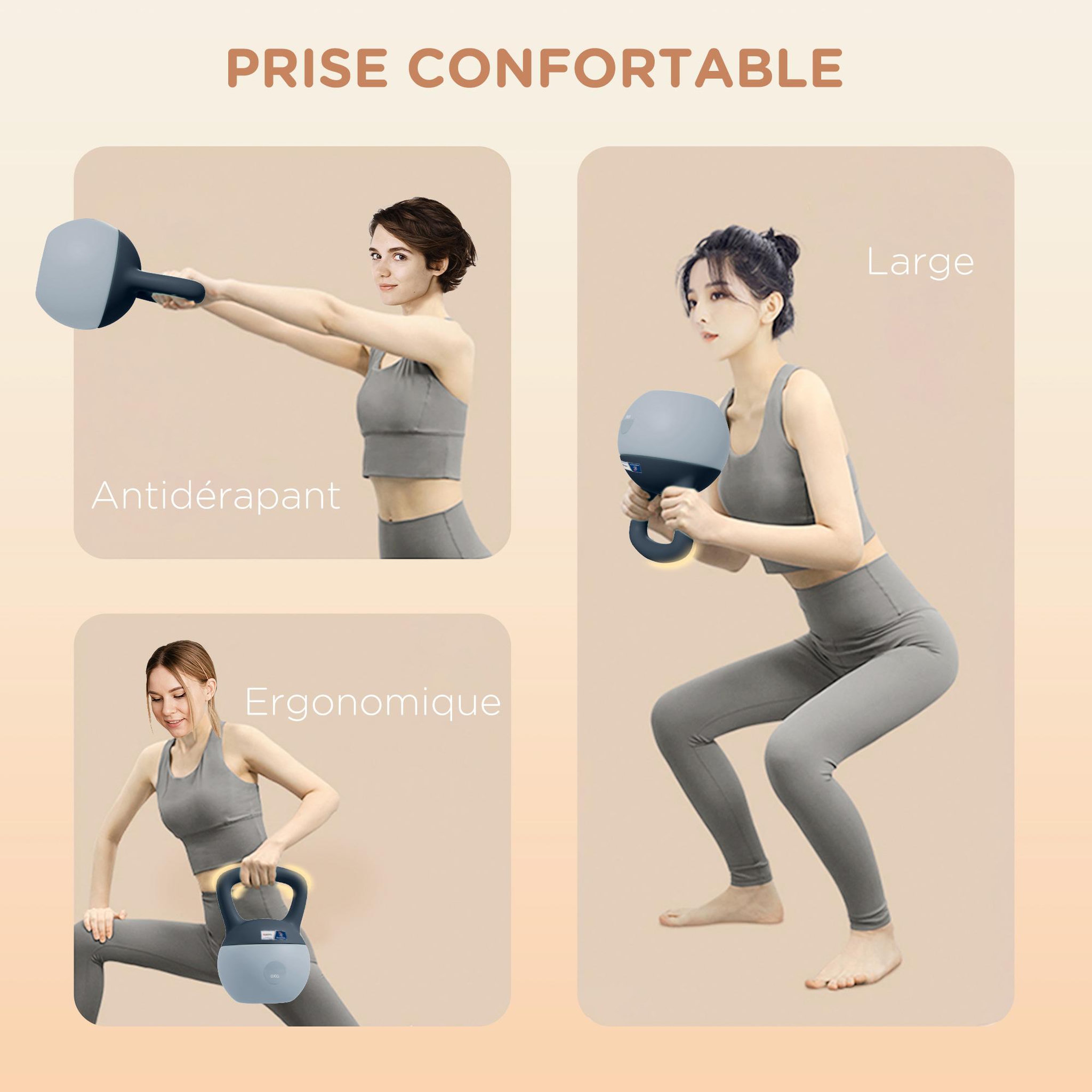 Voir la diapositive 5 : HOMCOM Kettlebell 6 kg collaboration aosom.fr x ffhandball - prise ergonomique - pvc gris jaune