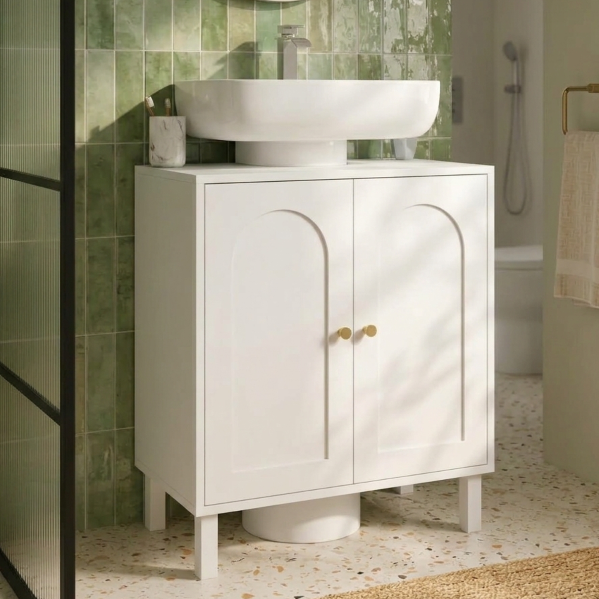 Voir la diapositive 2 : ID MARKET Meuble sous lavabo salle de bain arsene design arche bois blanc