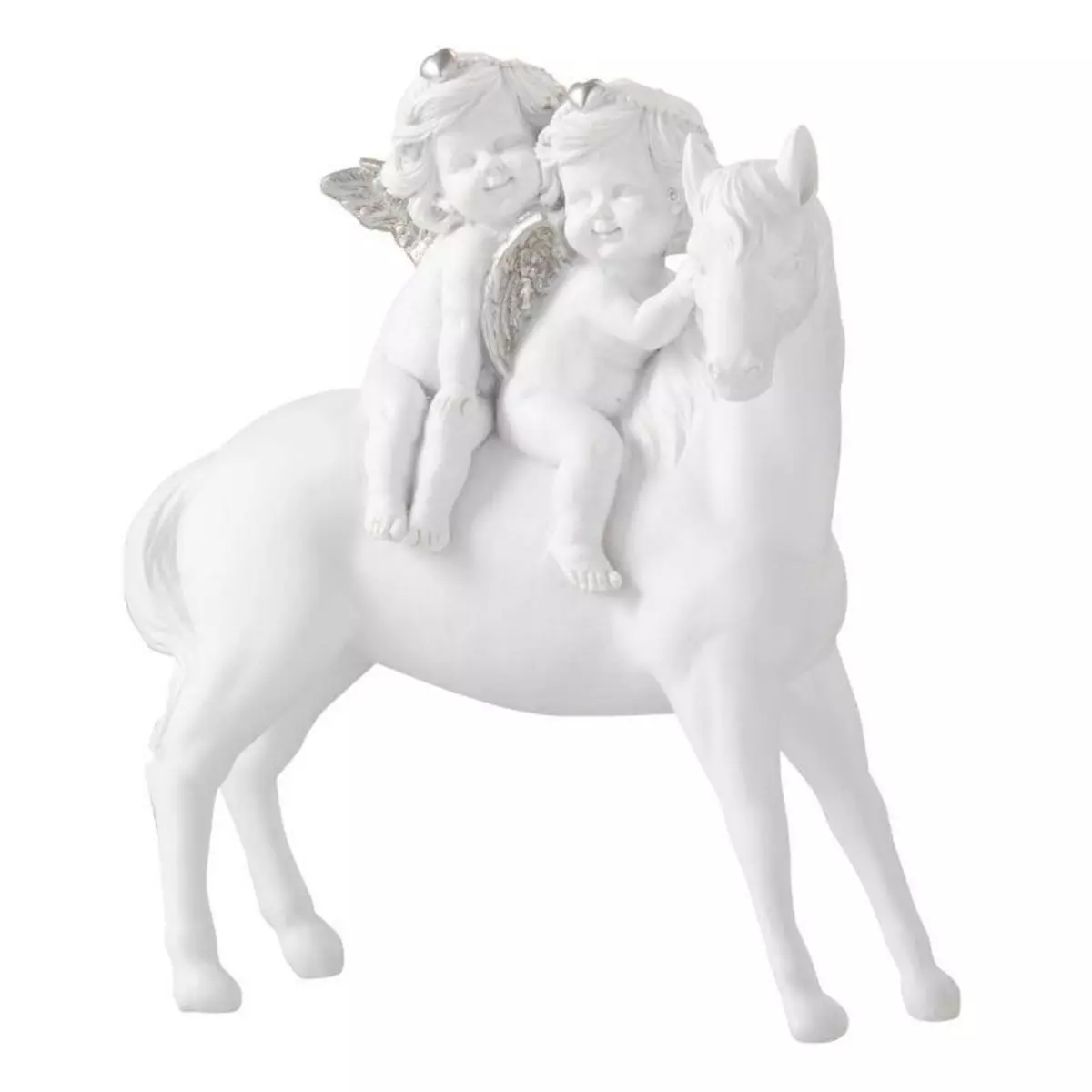 Paris Prix Statue Déco en Résine  Cheval & 2 Anges  24cm Blanc