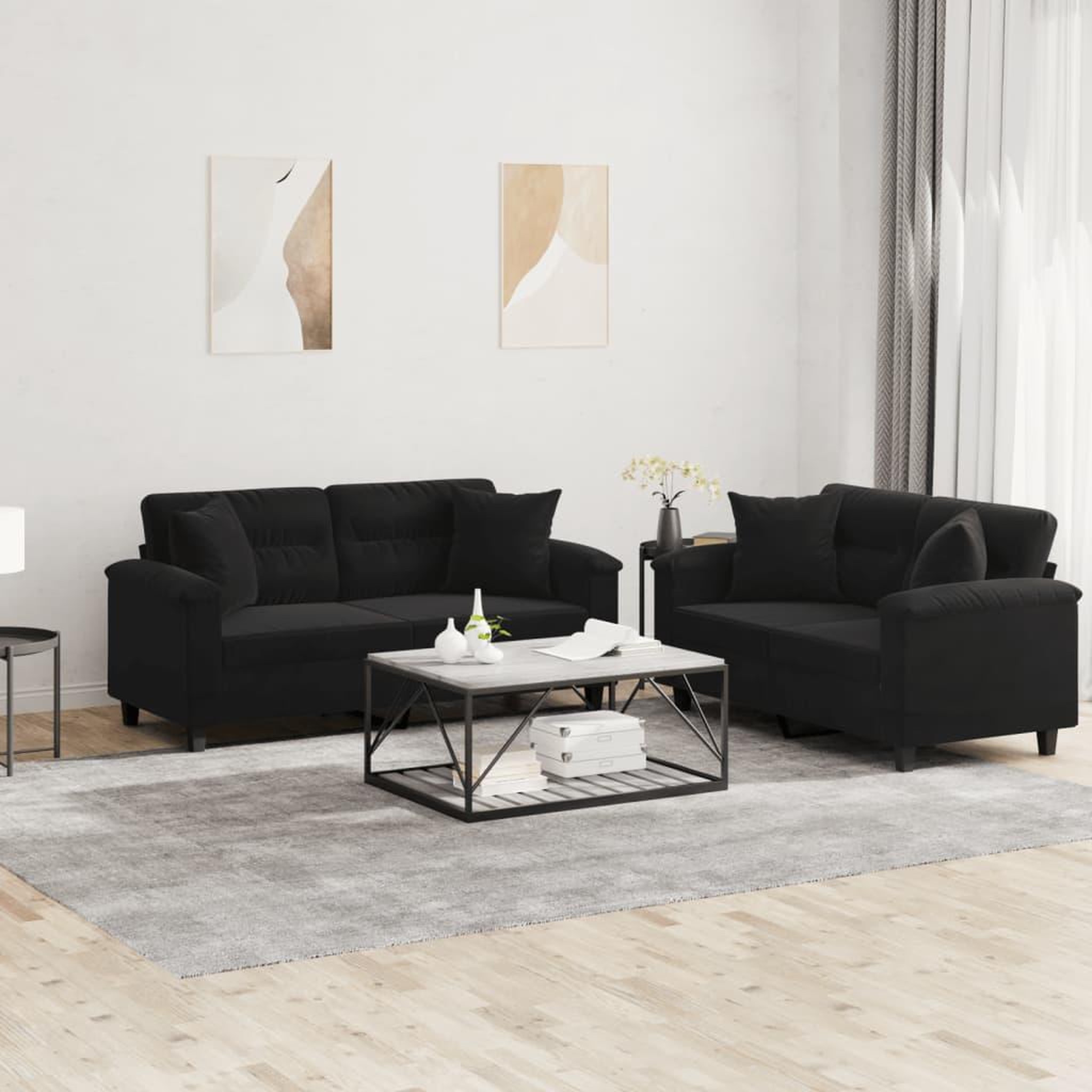VIDAXL Ensemble de canapes 2 pcs avec coussins Noir Tissu microfibre
