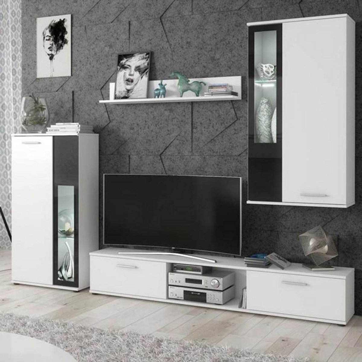 Paris Prix Ensemble Meuble TV Design  Wow  255cm Blanc & Noir