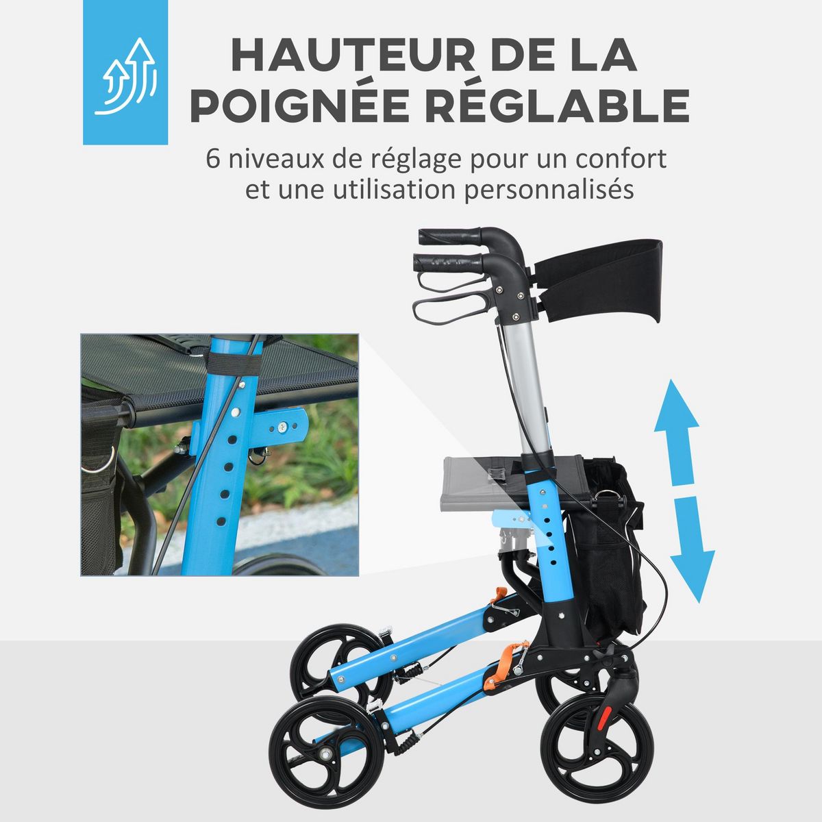 HOMCOM Déambulateur 4 roues - pliable, léger - assise, dossier, poignées ergonomiques réglables, frein à main - sacoche rangement - alu. bleu noir