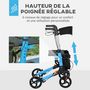 Voir la diapositive 4 : HOMCOM Déambulateur 4 roues - pliable, léger - assise, dossier, poignées ergonomiques réglables, frein à main - sacoche rangement - alu. bleu noir