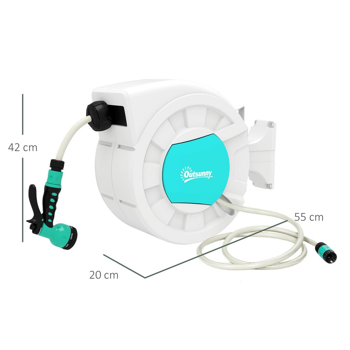 OUTSUNNY Dévidoir mural enrouleur automatique pivotant 180° tuyau 25 + 2 m avec lance arrosage 7 modes support mural intégré gris clair bleu