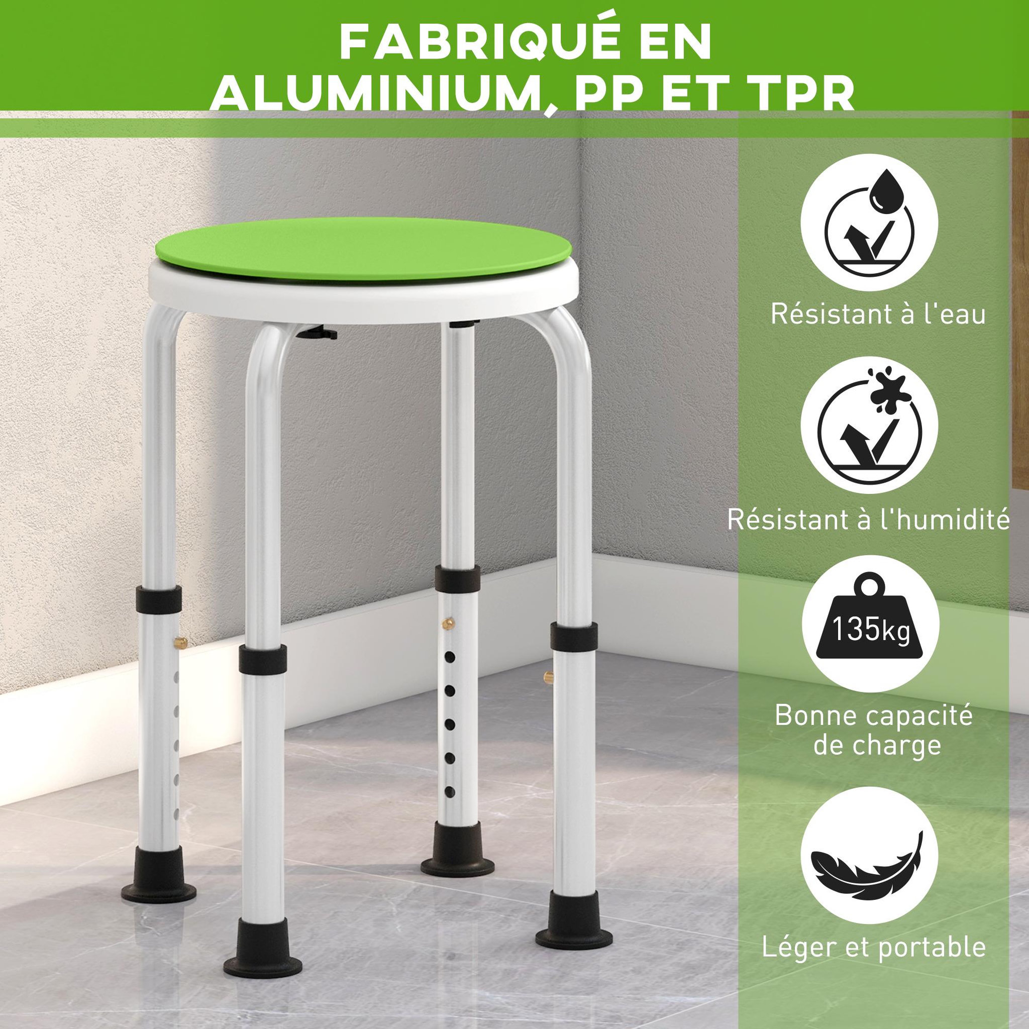 Voir la diapositive 6 : HOMCOM Tabouret de douche siège de douche - hauteur réglable, pivotant 360° - alu pp blanc vert