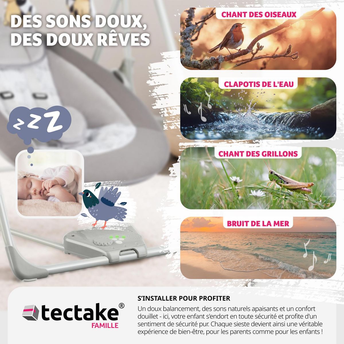 tectake Balancelle pour bébé pliable avec technologie TrueSpeed avec 5 niveaux de vitesse gris clair